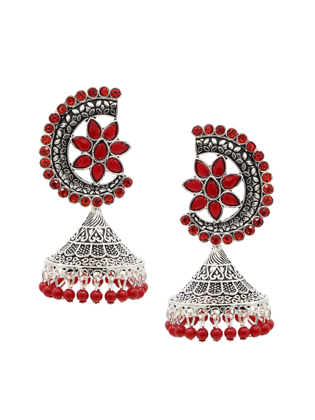 

ASMITTA JEWELLERY Red & Silver-Toned Contemporary Jhumkas Earrings