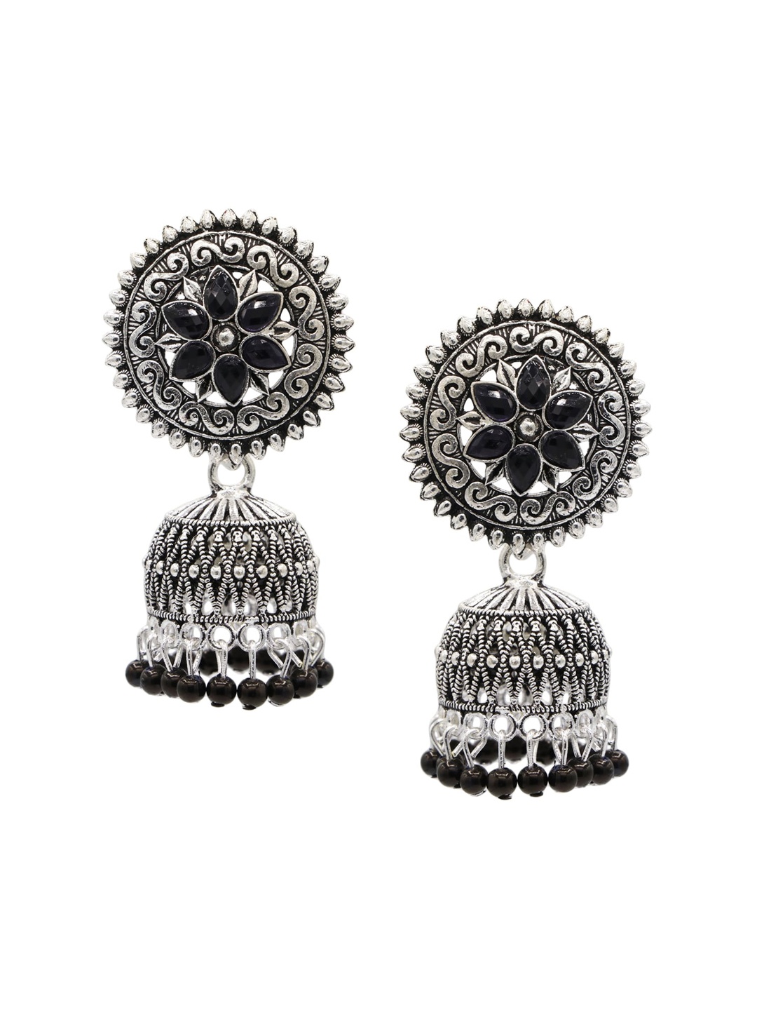 

ASMITTA JEWELLERY Black & Oxidised Silver-Plated Jhumkas Earrings
