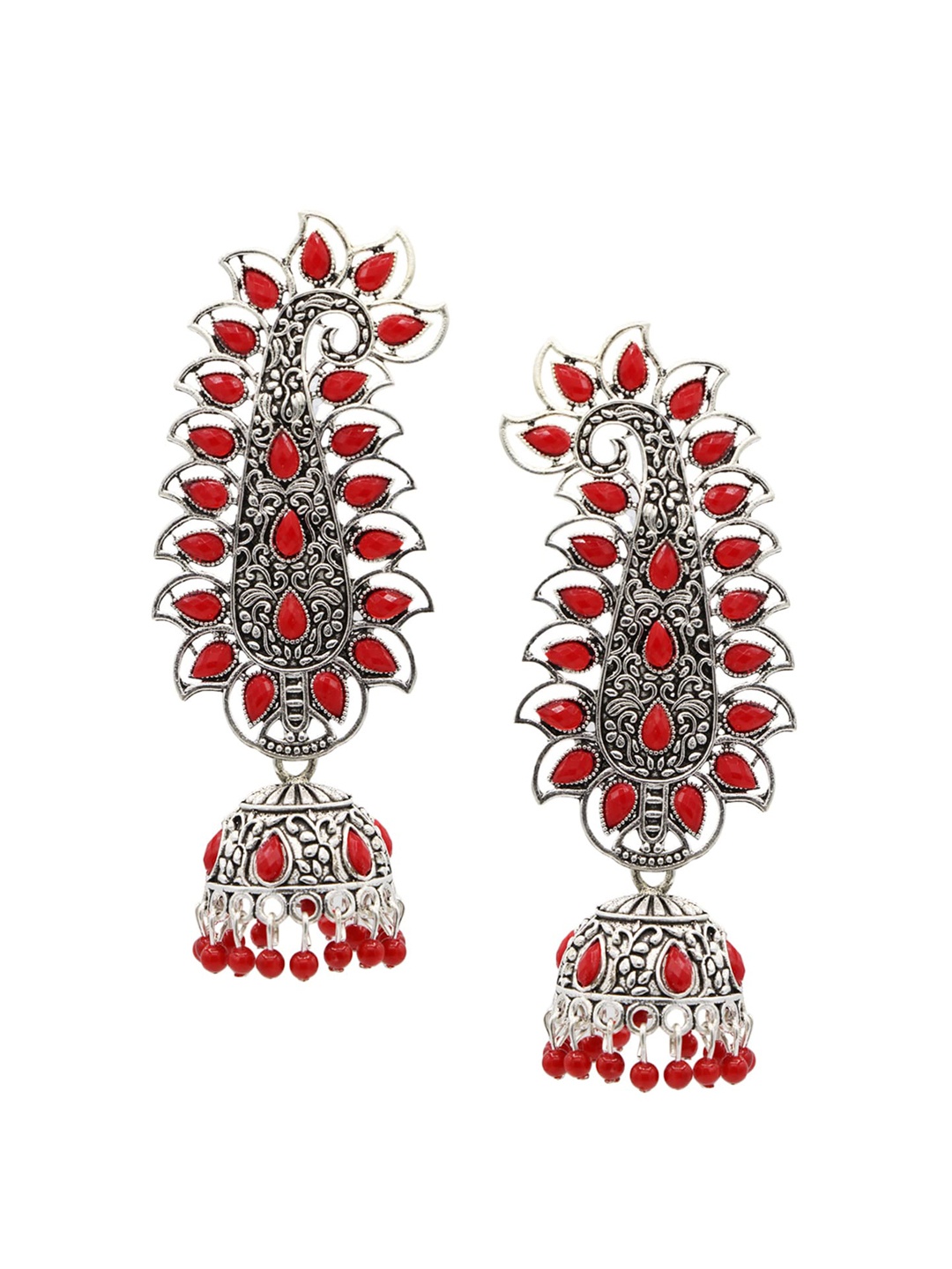 

ASMITTA JEWELLERY Silver-Plated & Red Oxidised Dome Shaped Jhumkas