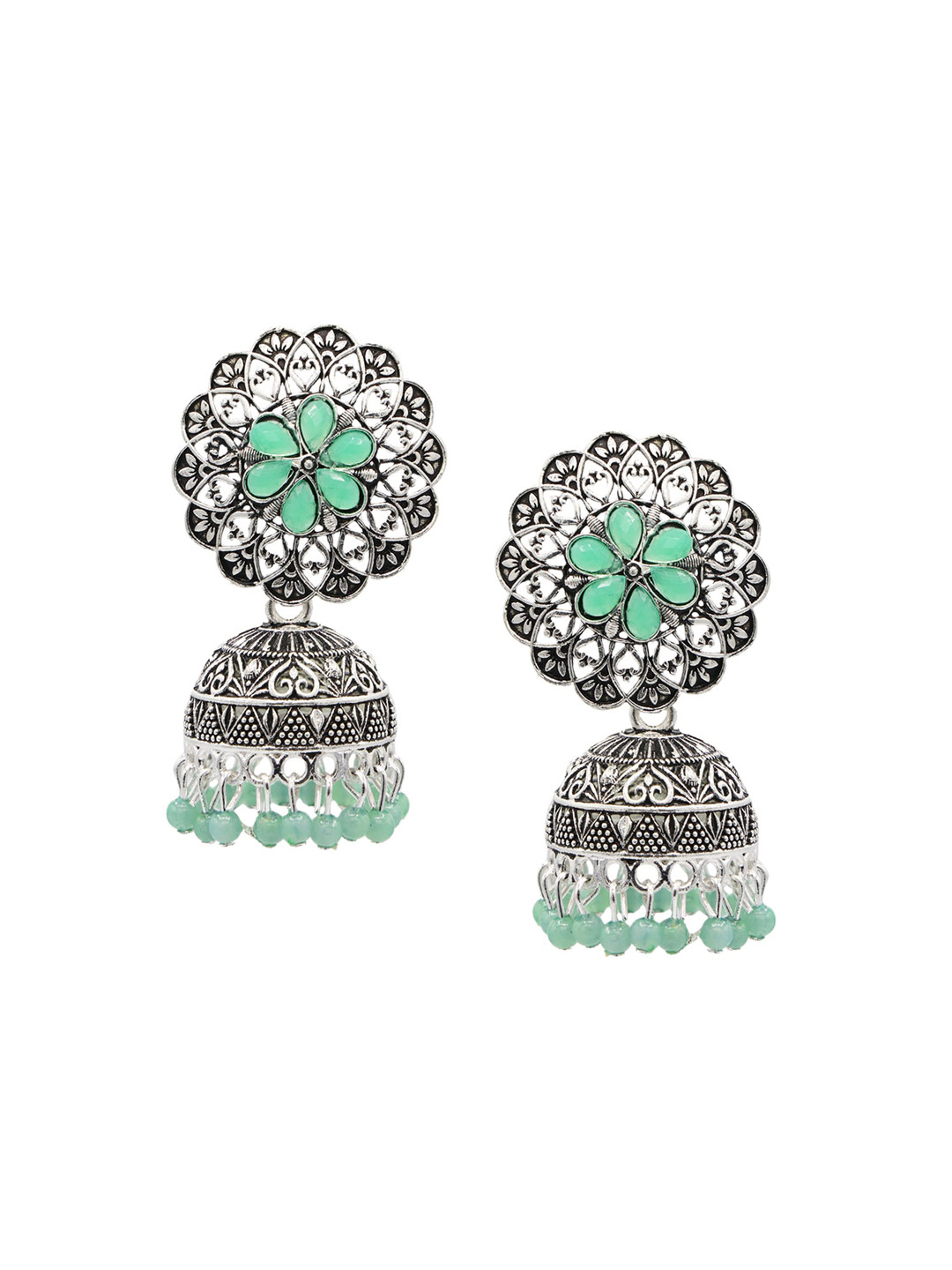 

ASMITTA JEWELLERY Green & Silver-Toned Dome Shaped Jhumkas Earrings