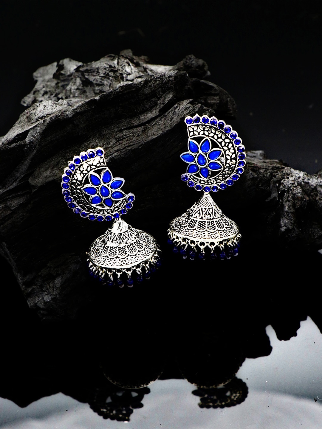 

ASMITTA JEWELLERY Silver-Plated & Blue Oxidised Contemporary Jhumkas