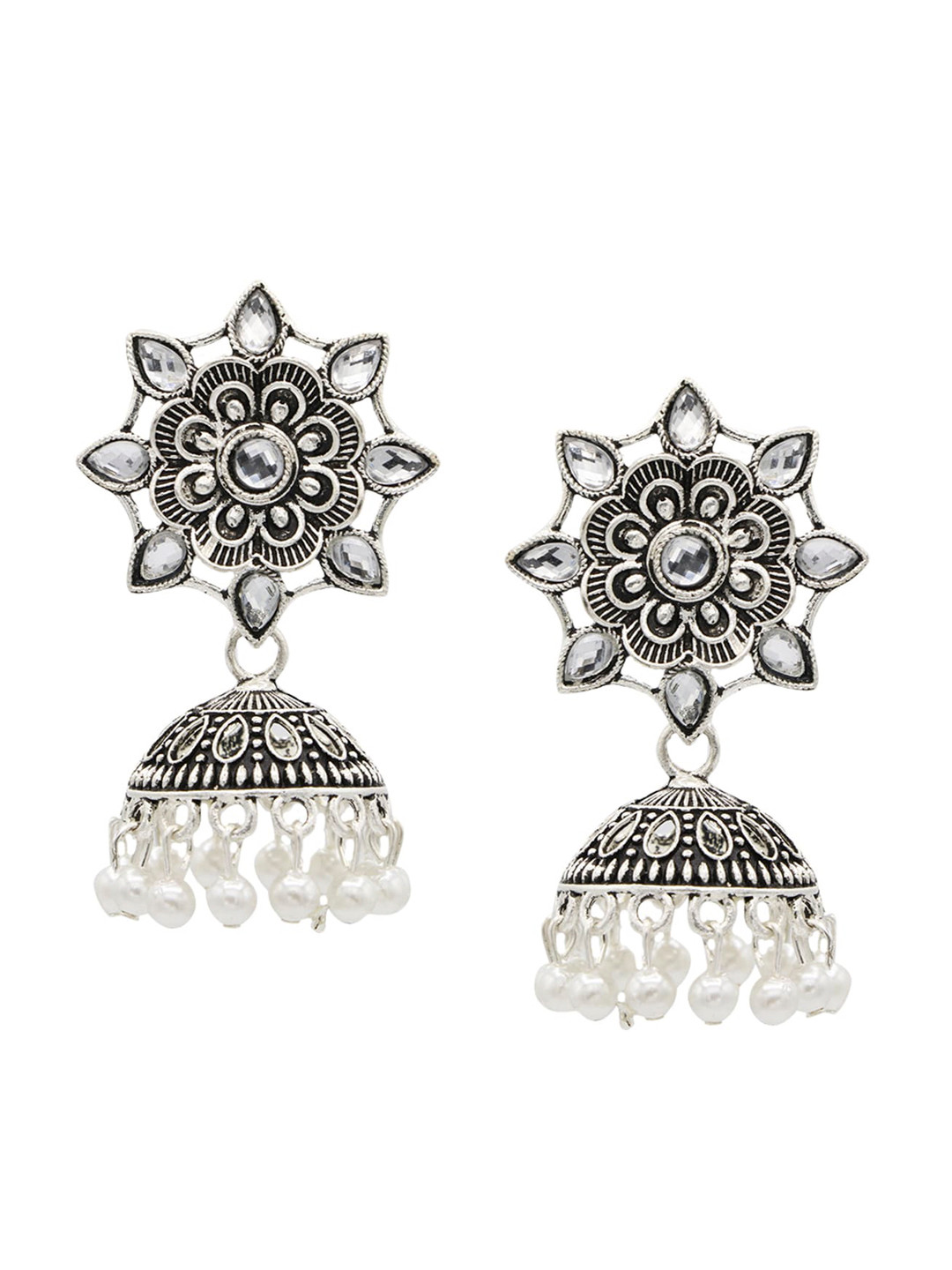 

ASMITTA JEWELLERY Silver-Plated & White Oxidised Dome Shaped Jhumkas