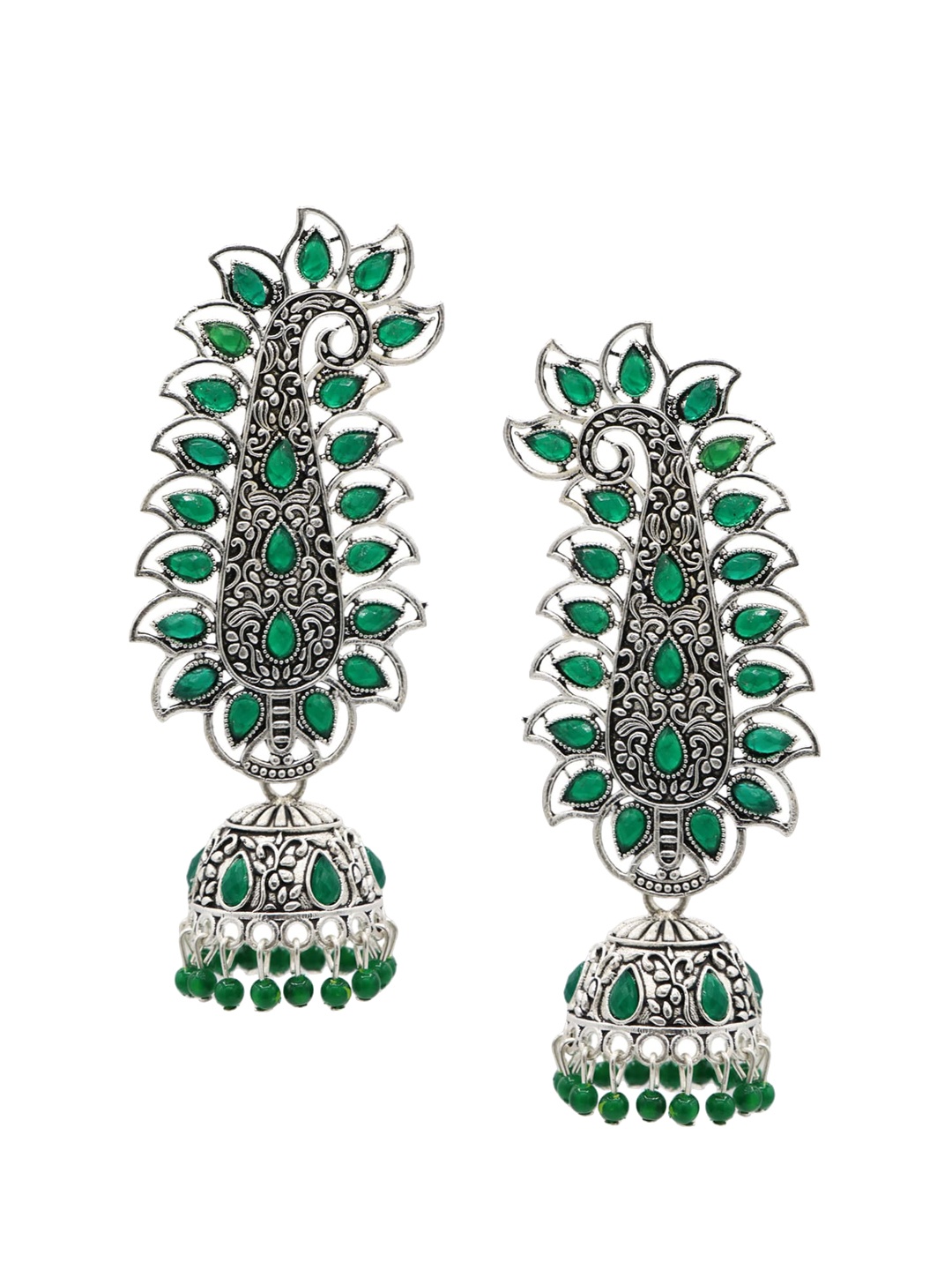 

ASMITTA JEWELLERY Green & Silver-Toned Contemporary Jhumkas Earrings