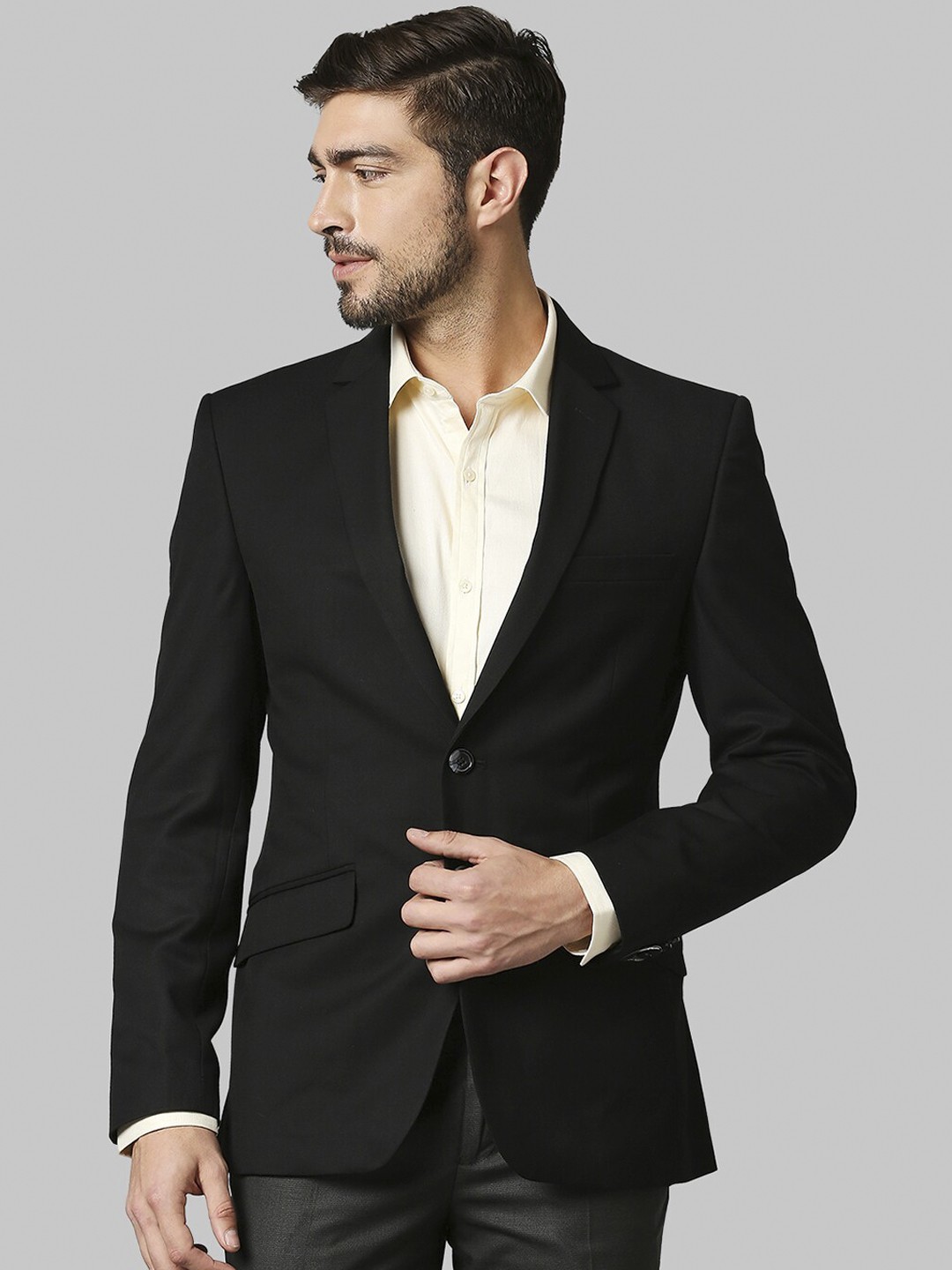 

Park Avenue Men Black Solid Single-Breasted Super Slim-Fit Formal Blazer