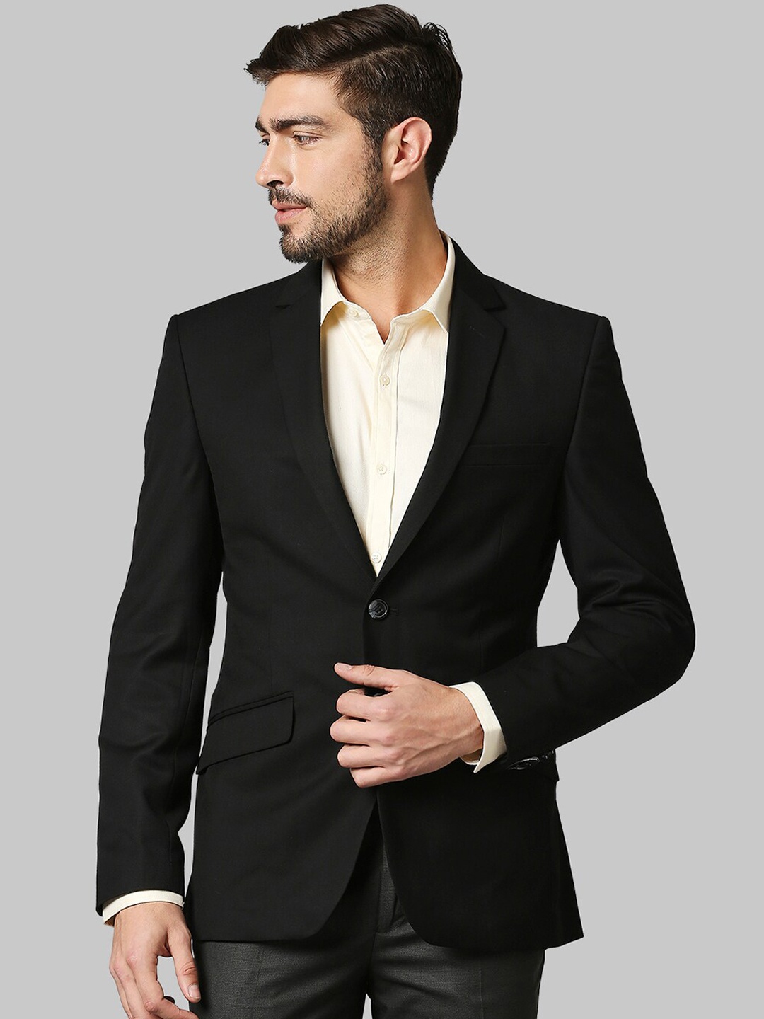 

Park Avenue Men Black Solid Super Slim-Fit Single-Breasted Formal Blazer