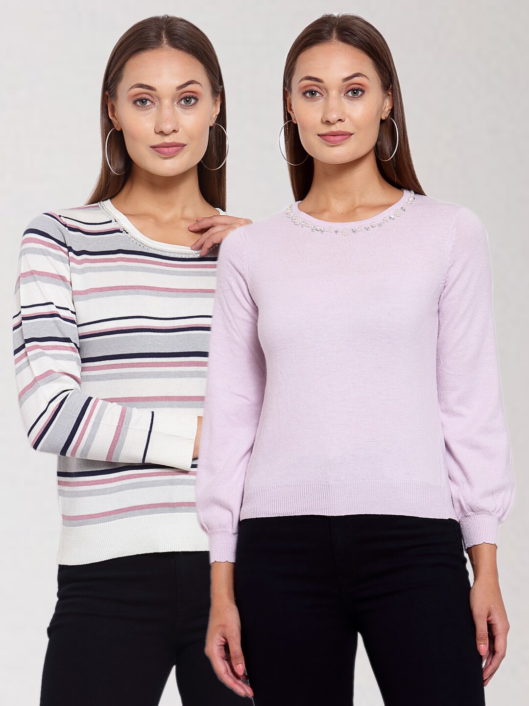 

KLOTTHE Women Pack of 2 Lavender & White Woolen Pullover Sweaters