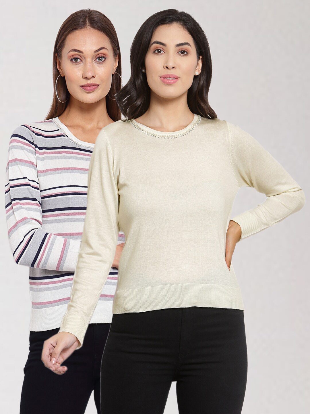 

KLOTTHE Set of 2 Women Cream-Coloured & White Striped Pullover