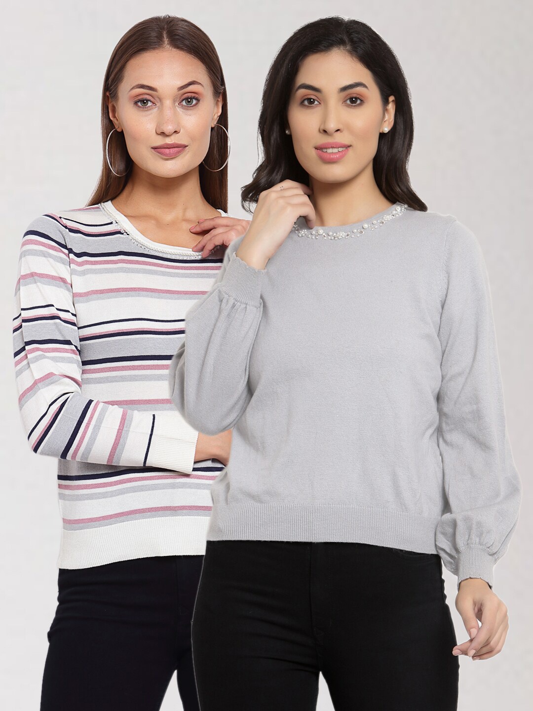 

KLOTTHE Women Pack Of 2 Grey & White Striped Wool Pullover