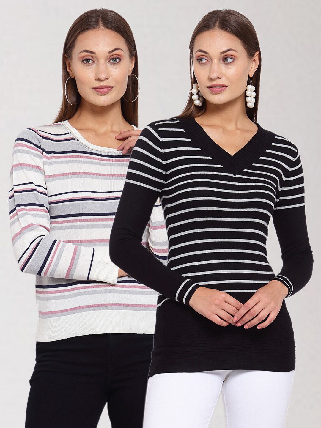 

KLOTTHE Women Pack Of 2 Black & White Striped Wool Pullover