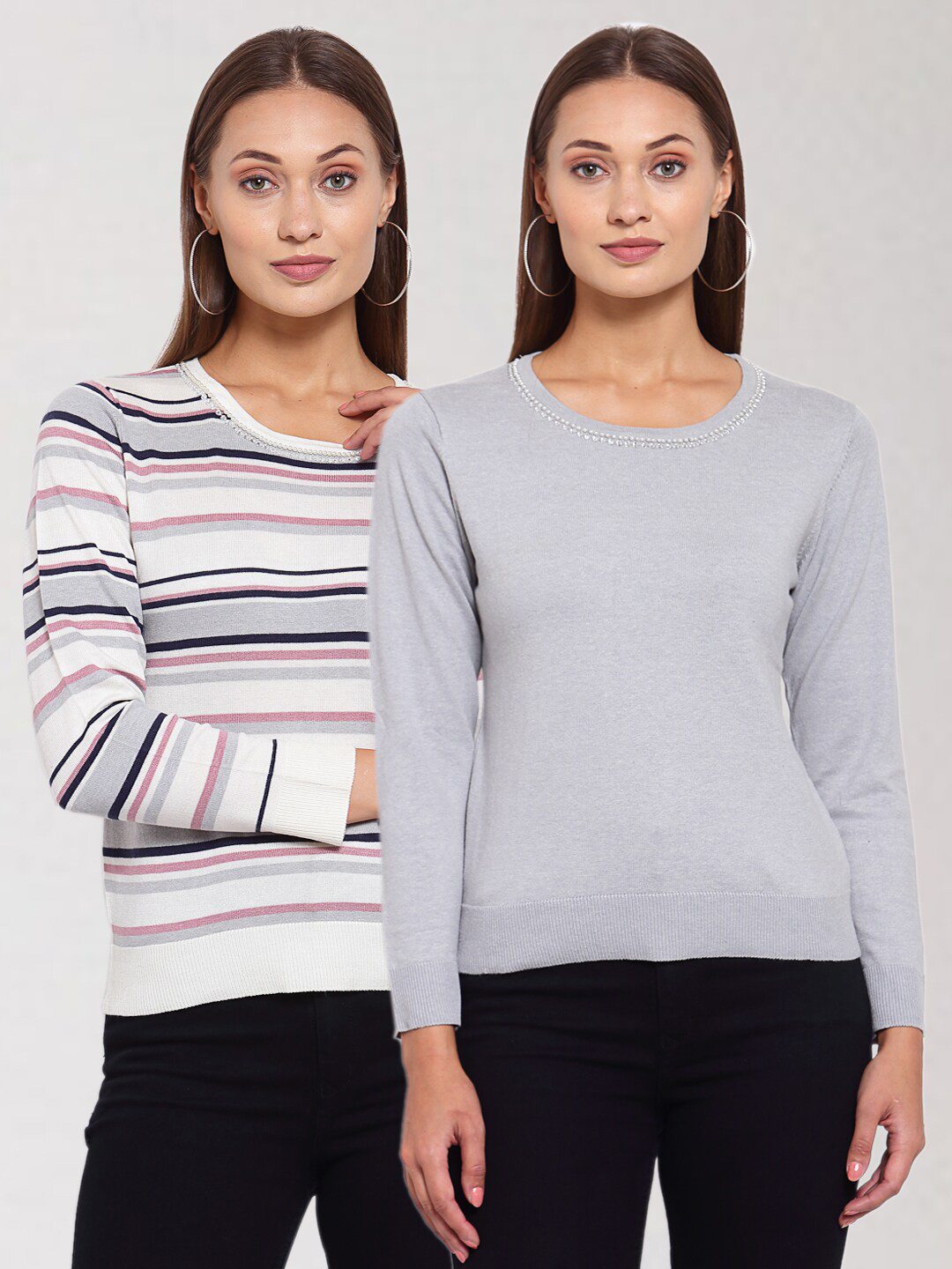 

KLOTTHE Women Pack of 2 White & Grey Woolen Pullover Sweaters