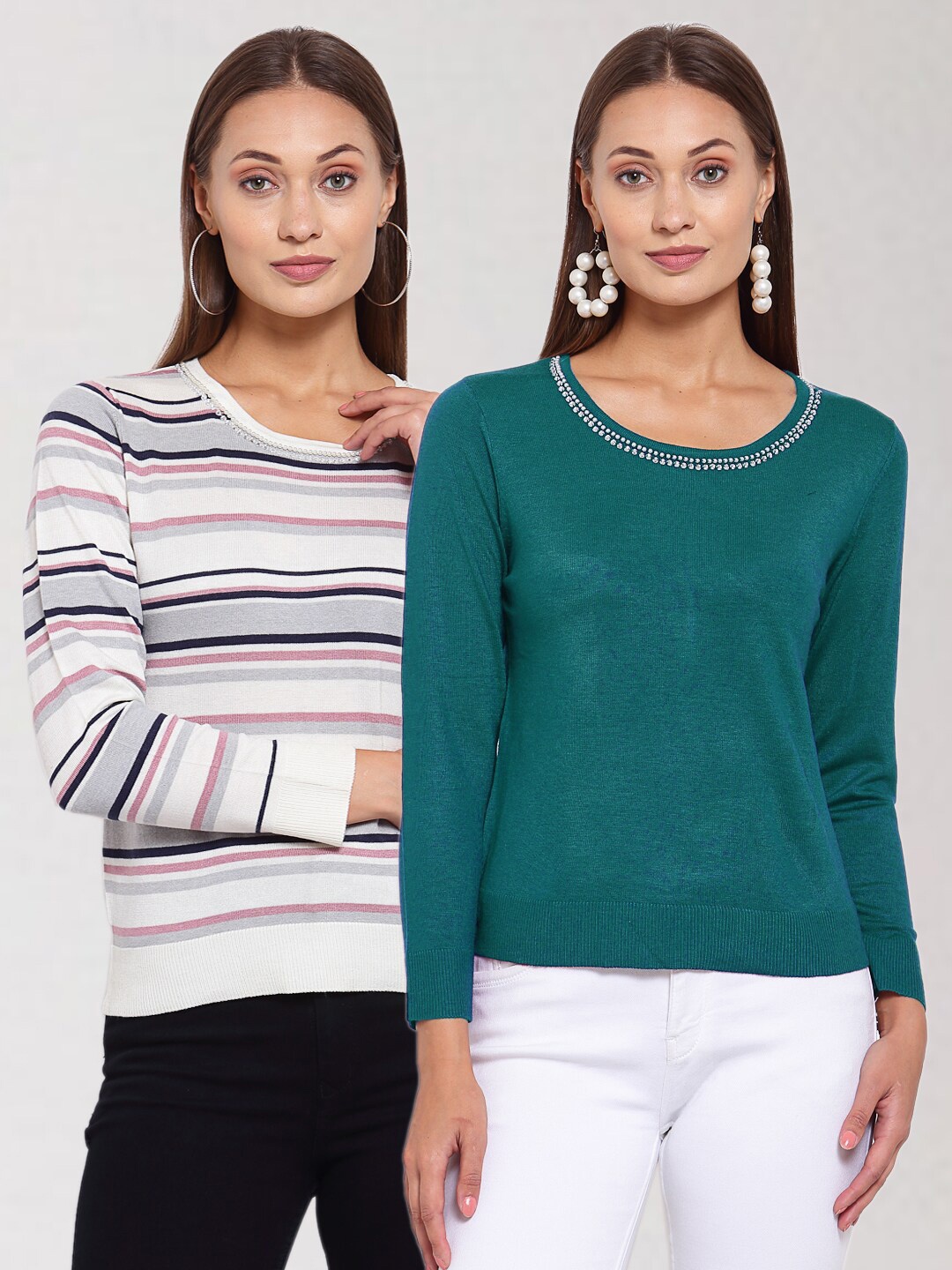 

KLOTTHE Set of 2 Women Teal & White Striped Pullover