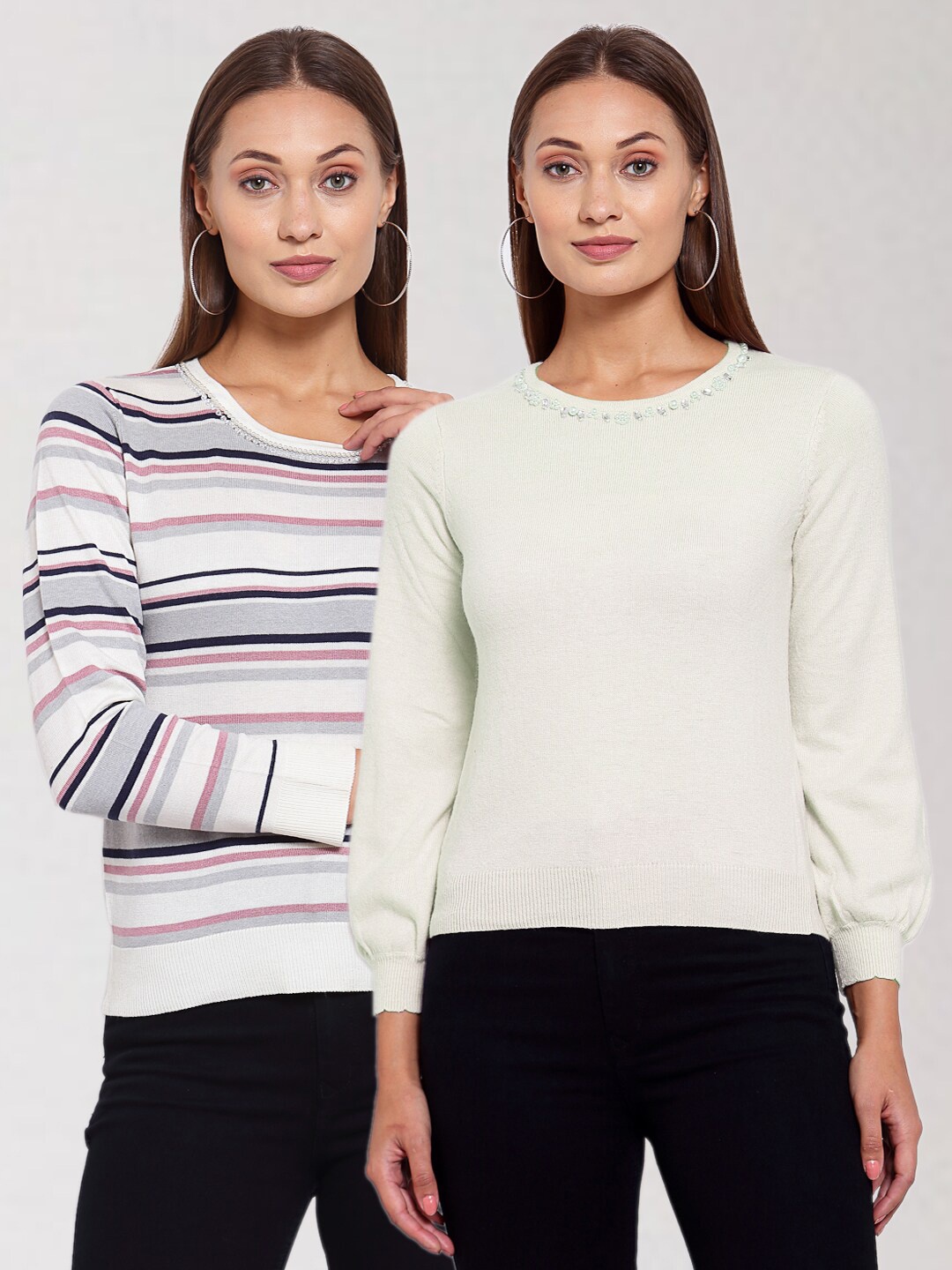 

KLOTTHE Women Pack Of 2 Off White & Pink Striped Wool Pullover