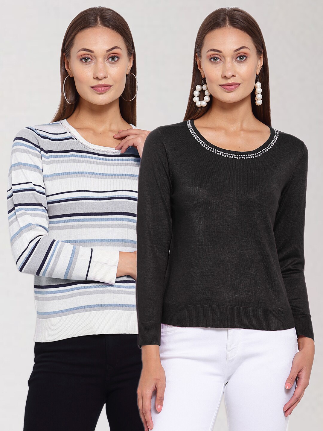 

KLOTTHE Women Pack Of 2 Multicoloured Striped Wool Pullover, Multi