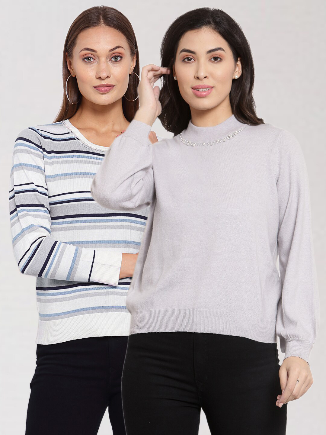 

KLOTTHE Women Pack Of 2 Grey & White Striped Wool Pullover