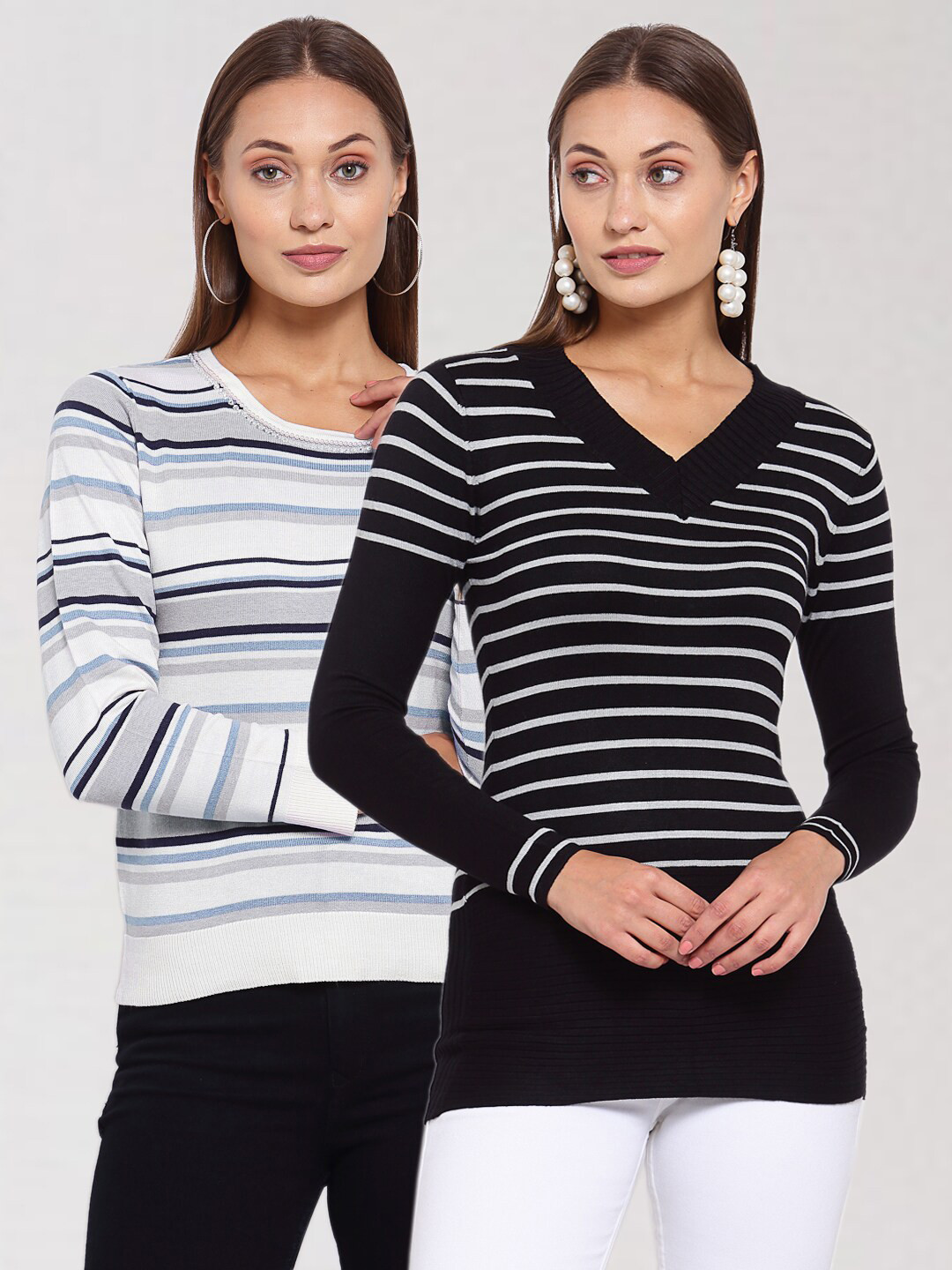 

KLOTTHE Women Pack Of 2 Black & White Striped Wool Pullover