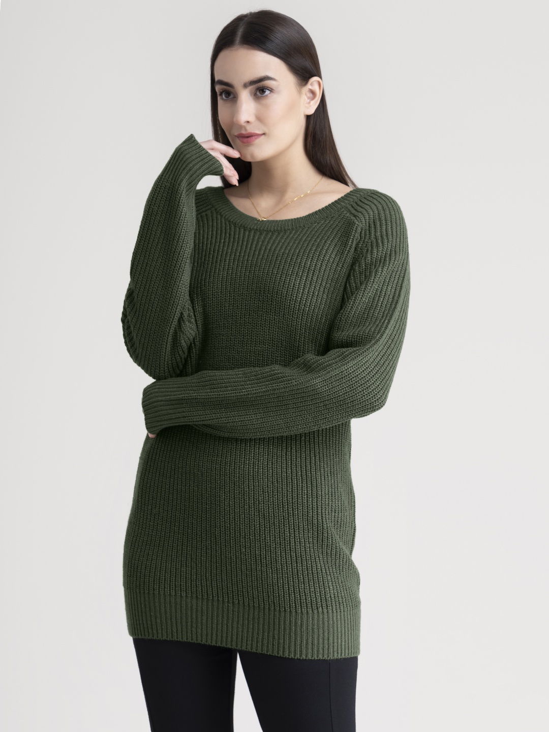 

FableStreet Women Olive Green Ribbed Drop Shoulder Acrylic Pullover