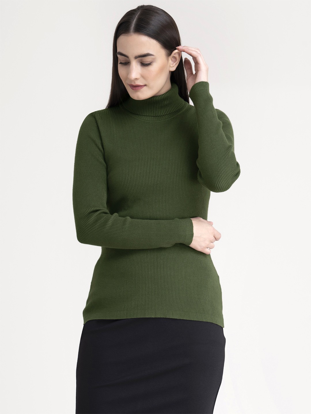 

FableStreet Women Olive Green Ribbed Pullover