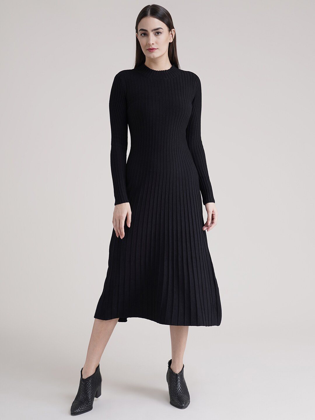 

FableStreet Black High Neck Rib Knit Jumper Midi Dress