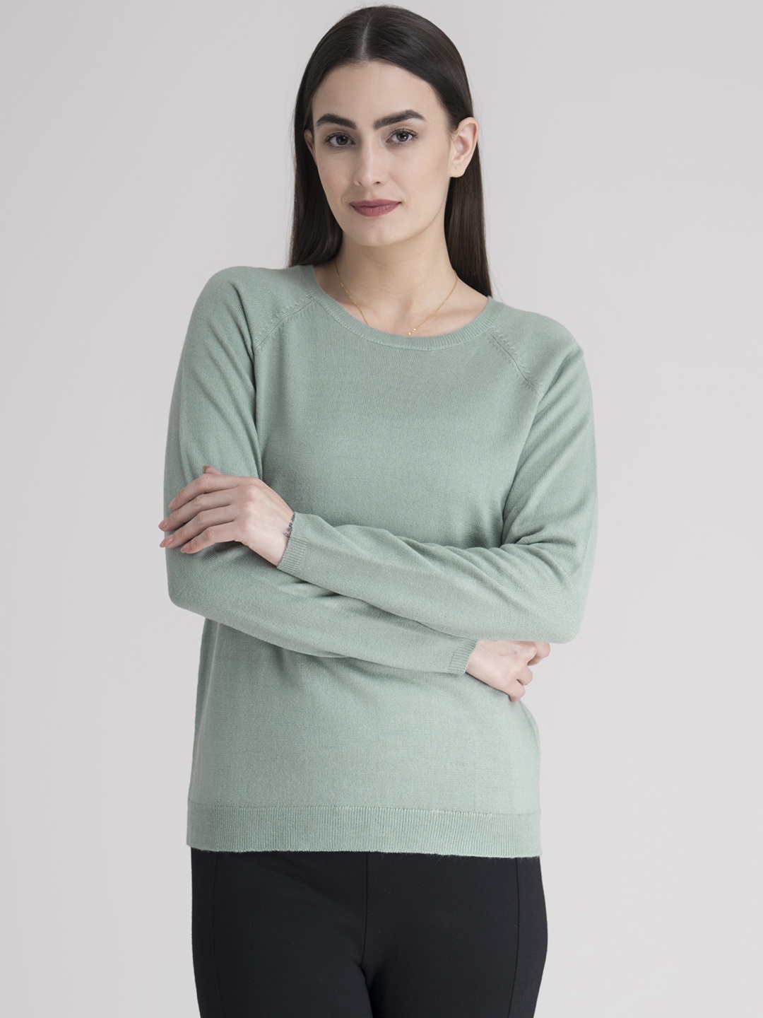 

FableStreet Women Green Solid Pullover Acrylic Sweater