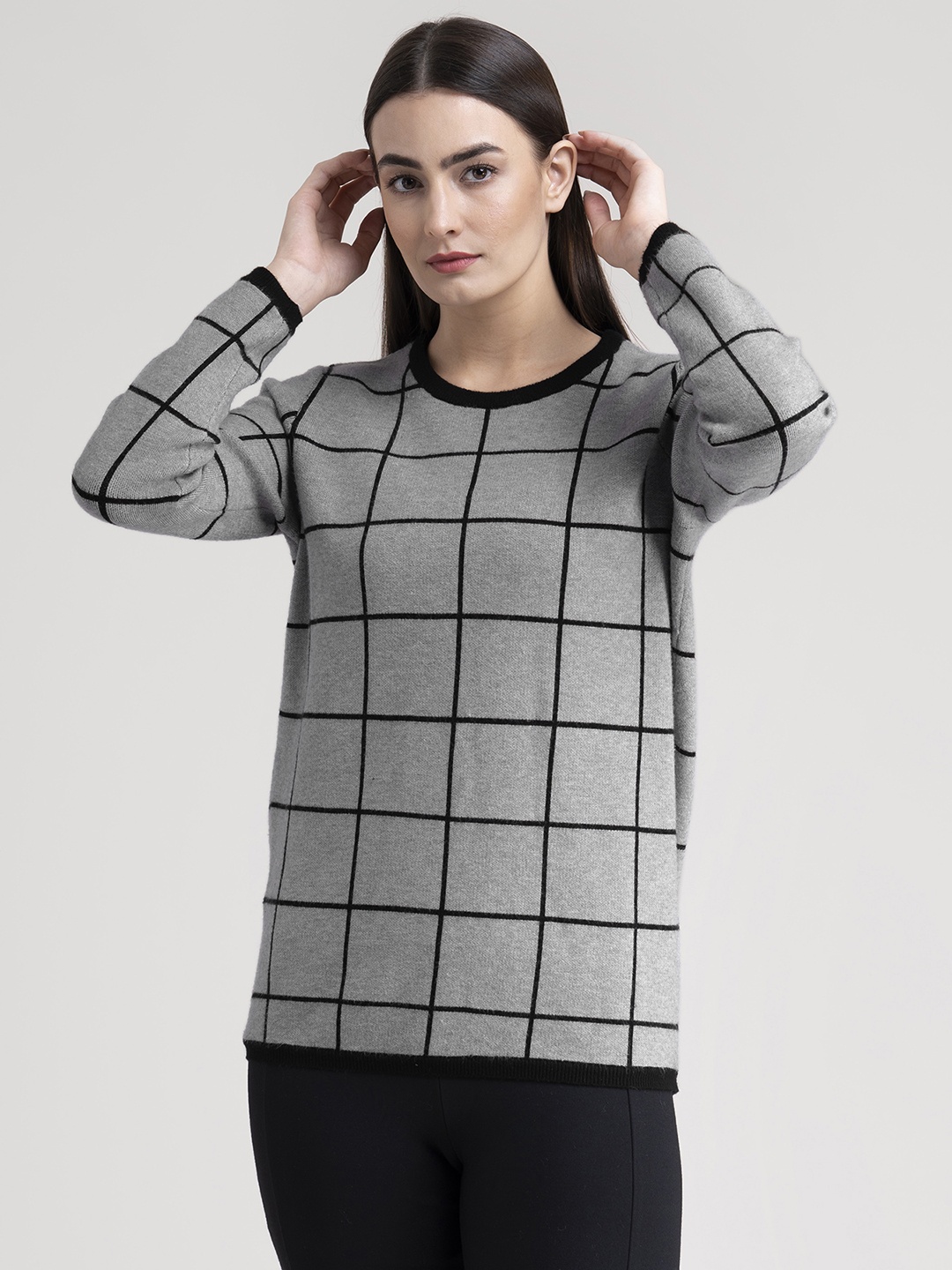 

FableStreet Women Grey & Black Checked Acrylic Pullover
