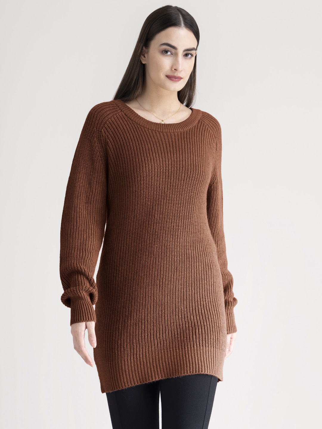 

FableStreet Women Rust Brown Ribbed Longline Pullover