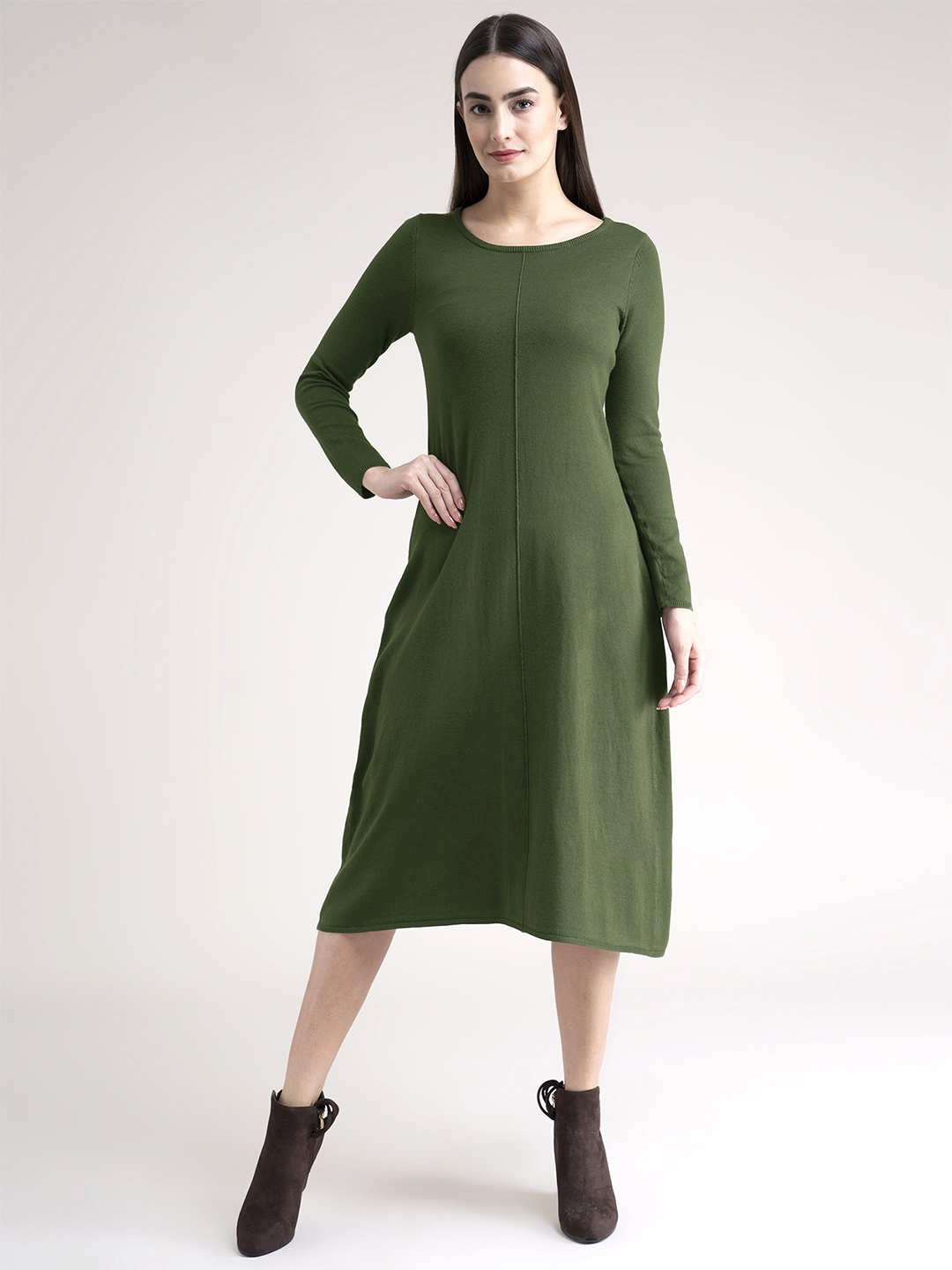 

FableStreet Olive Green Knit Midi Jumper Dress