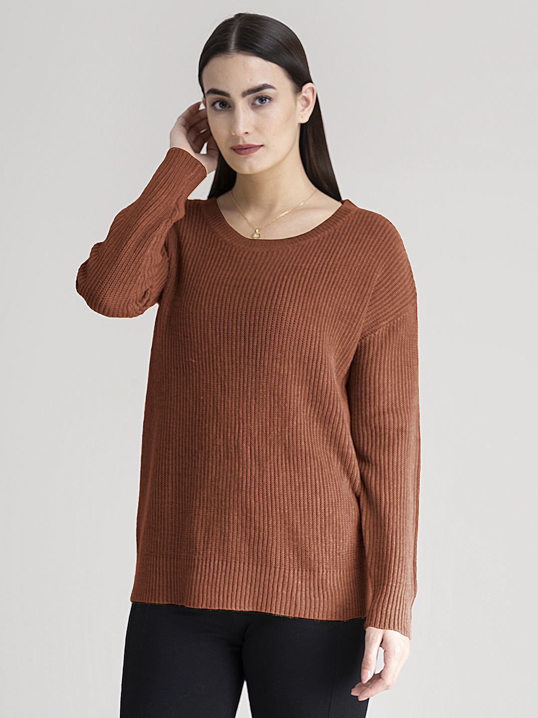 

FableStreet Women Rust Brown Solid Pullover Acrylic Sweater