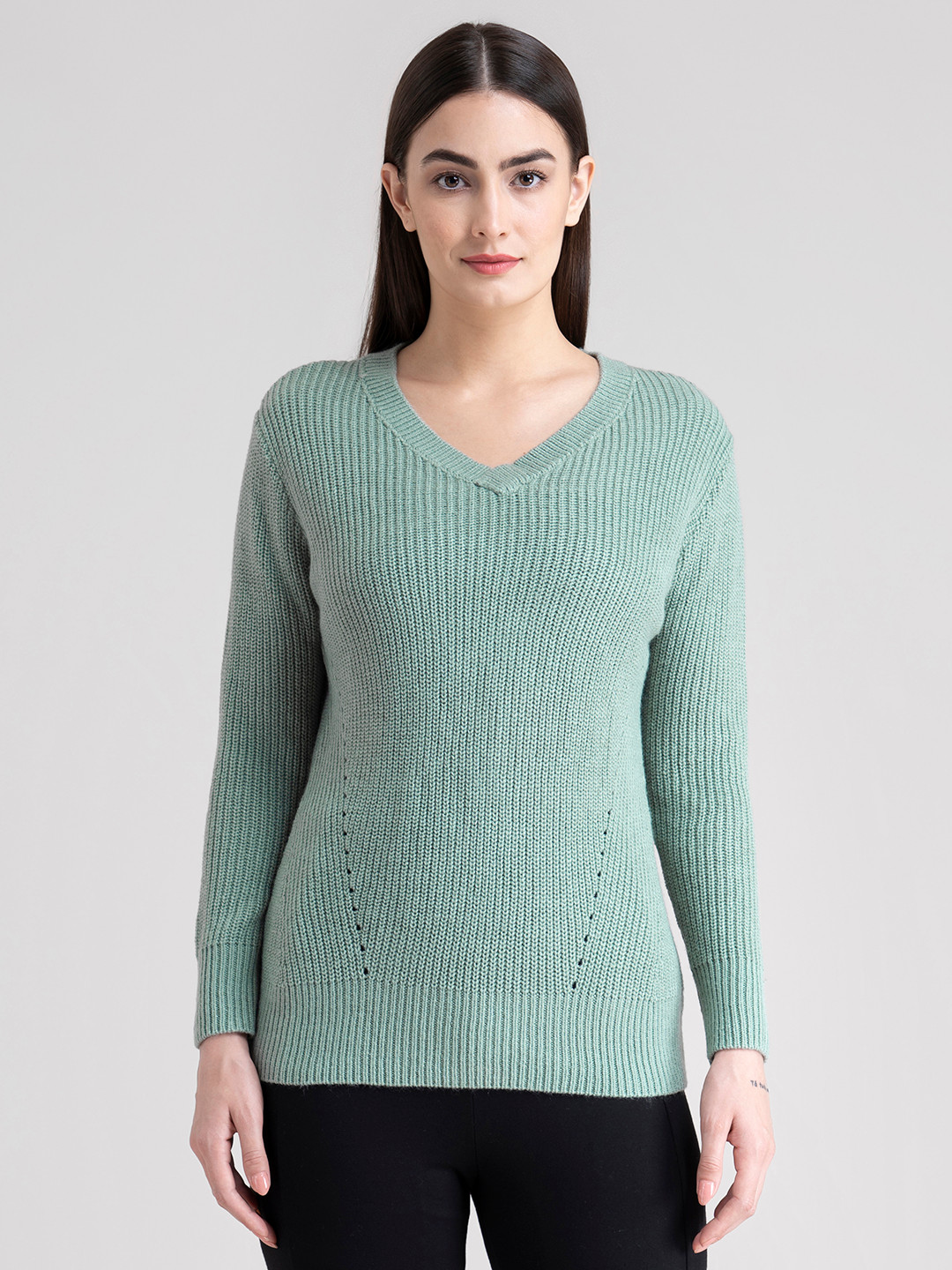 

FableStreet Women Green Ribbed Pullover