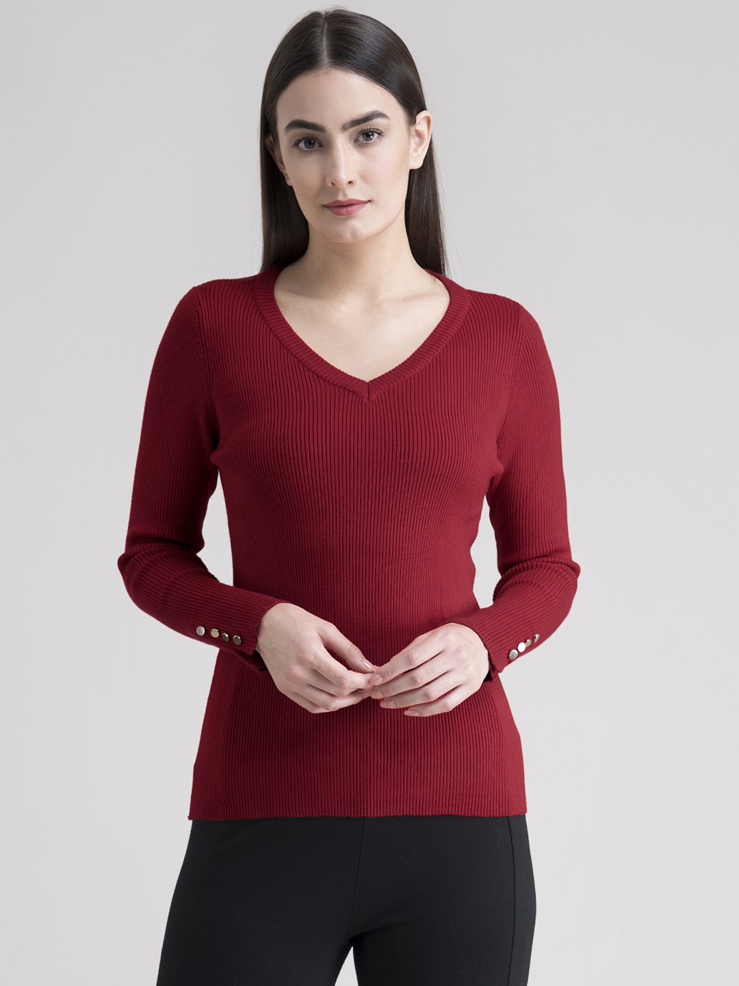 

FableStreet Women Red Ribbed Pullover