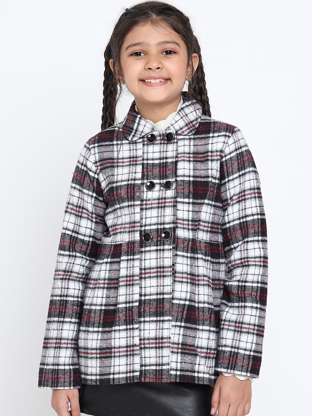 

Natilene Girls White & Maroon Checked Pure Cotton Double Breasted Overcoat