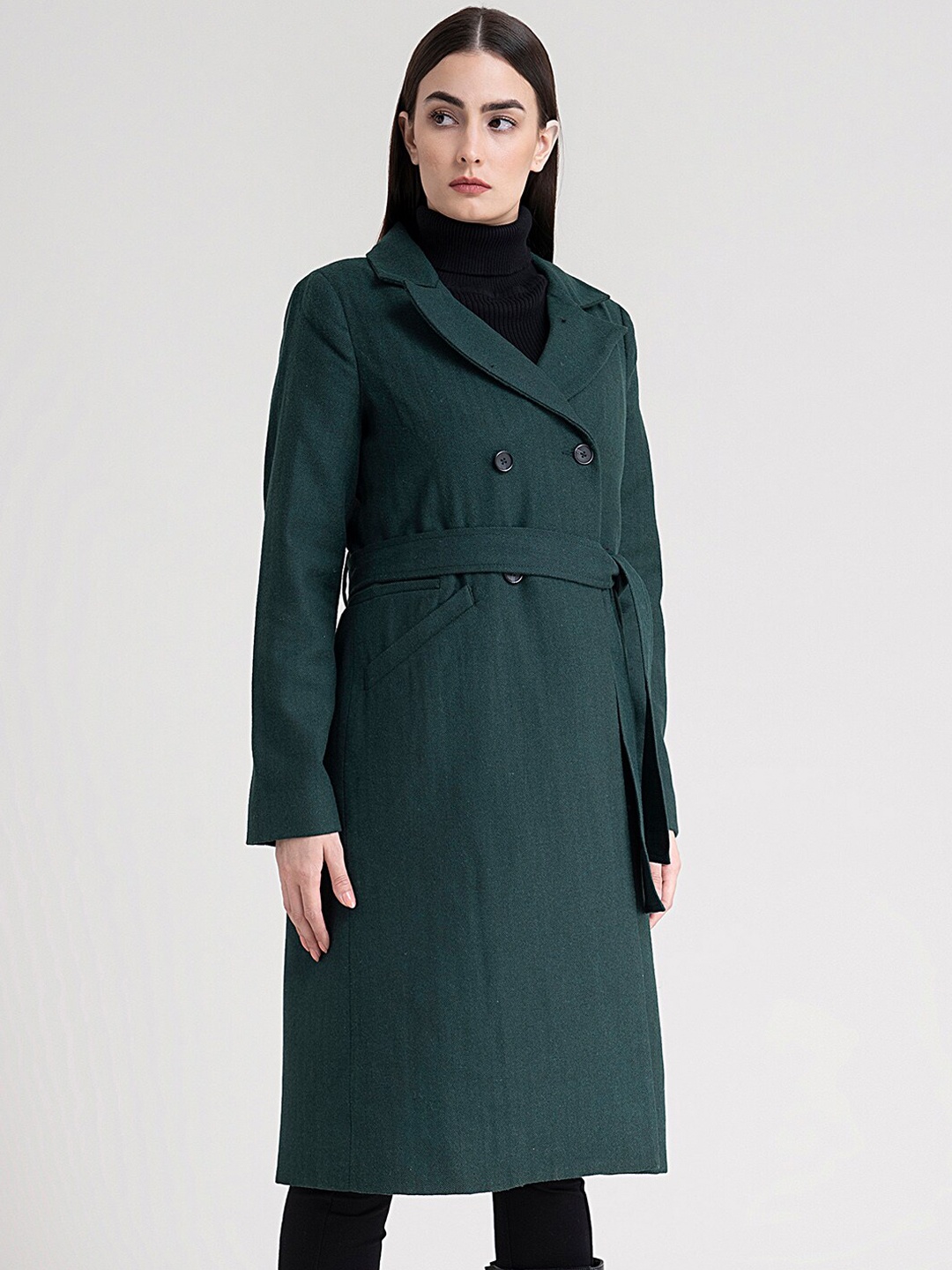 

FableStreet Women Green Self Design Double-Breasted Knee-Length Overcoat