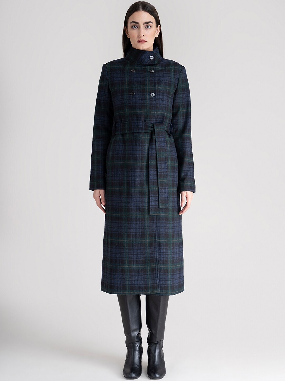 

FableStreet Women Green Checked Double-Breasted Slim-Fit Longline Overcoat