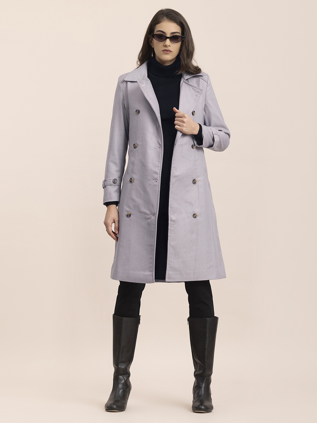 

FableStreet Women Grey Solid Double-Breasted Slim-Fit Trench Coat