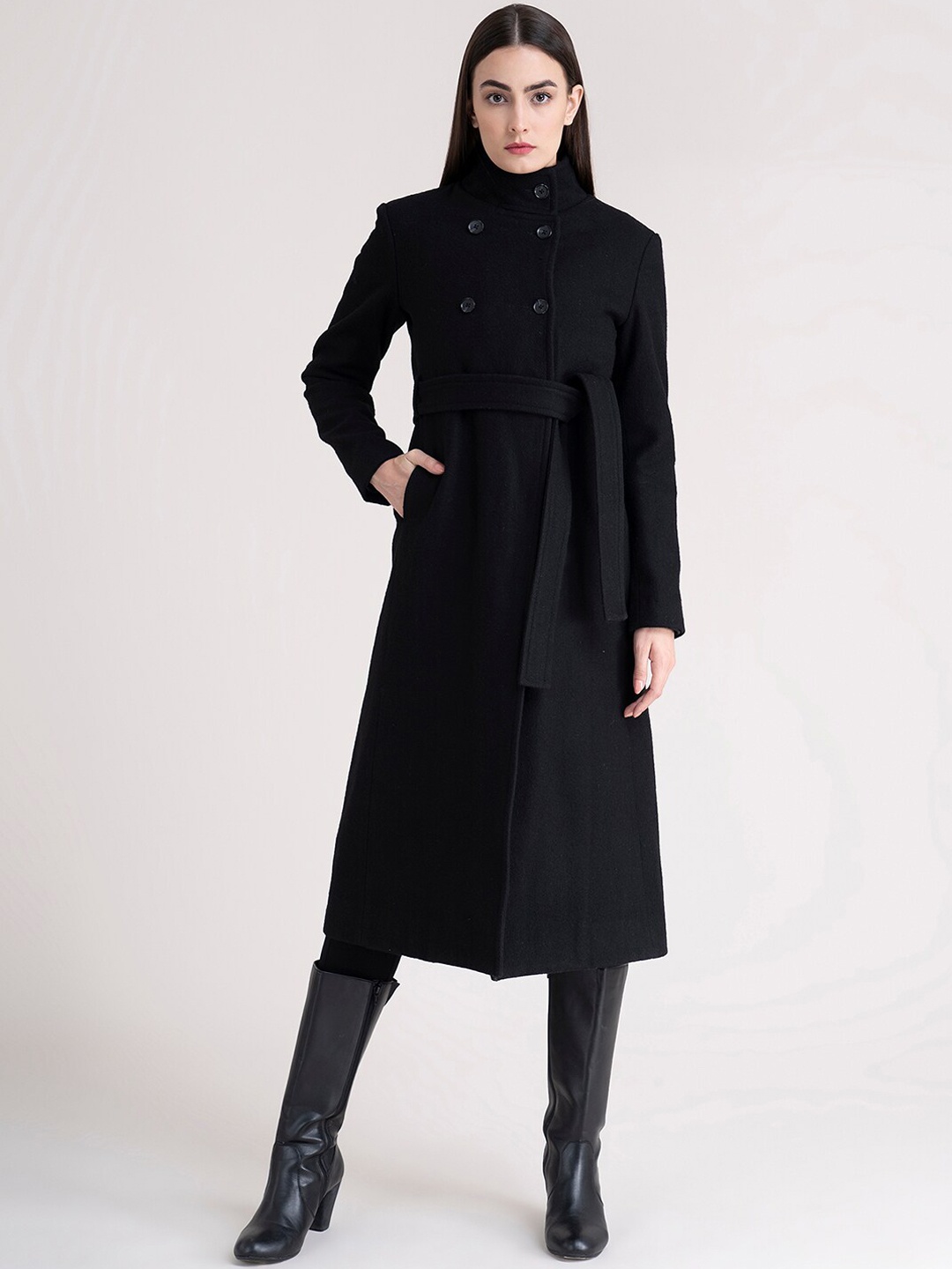 

FableStreet Women Black Solid High Neck Slim-Fit Double-Breasted Overcoat