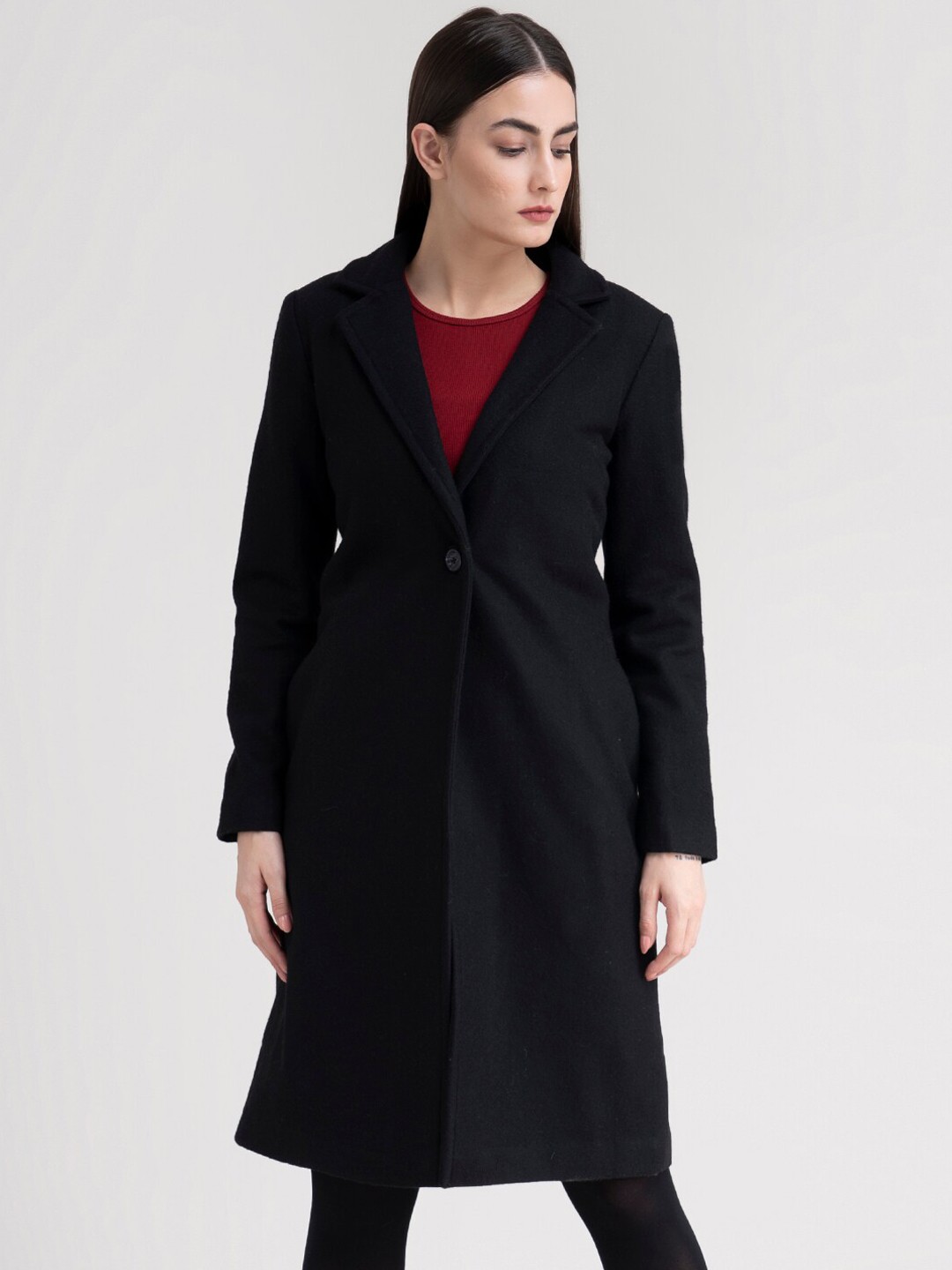 

FableStreet Women Black Solid Straight-Fit Single-Breasted Overcoat