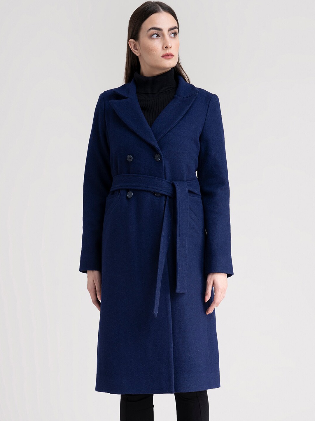 

FableStreet Women Navy Blue Solid Slim-Fit Longline Trench Coat