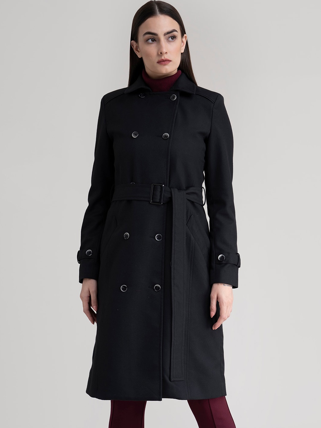 

FableStreet Women Black Solid Longline Double-Breasted Trench Coat