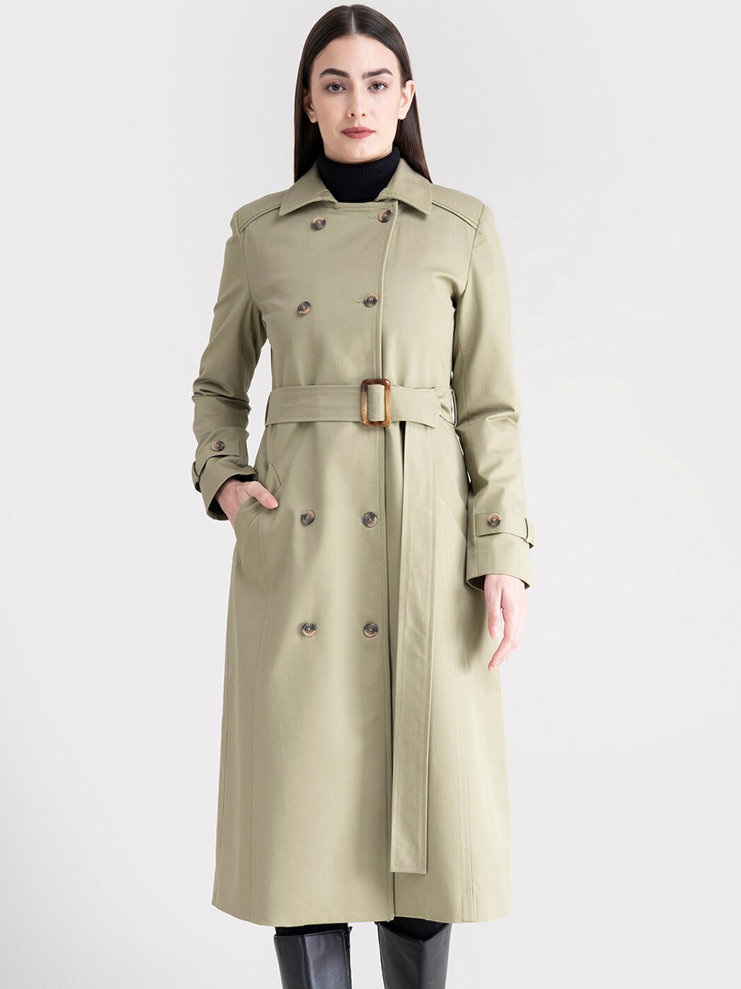 

FableStreet Women Beige Double-Breasted Slim-Fit Trench Coat