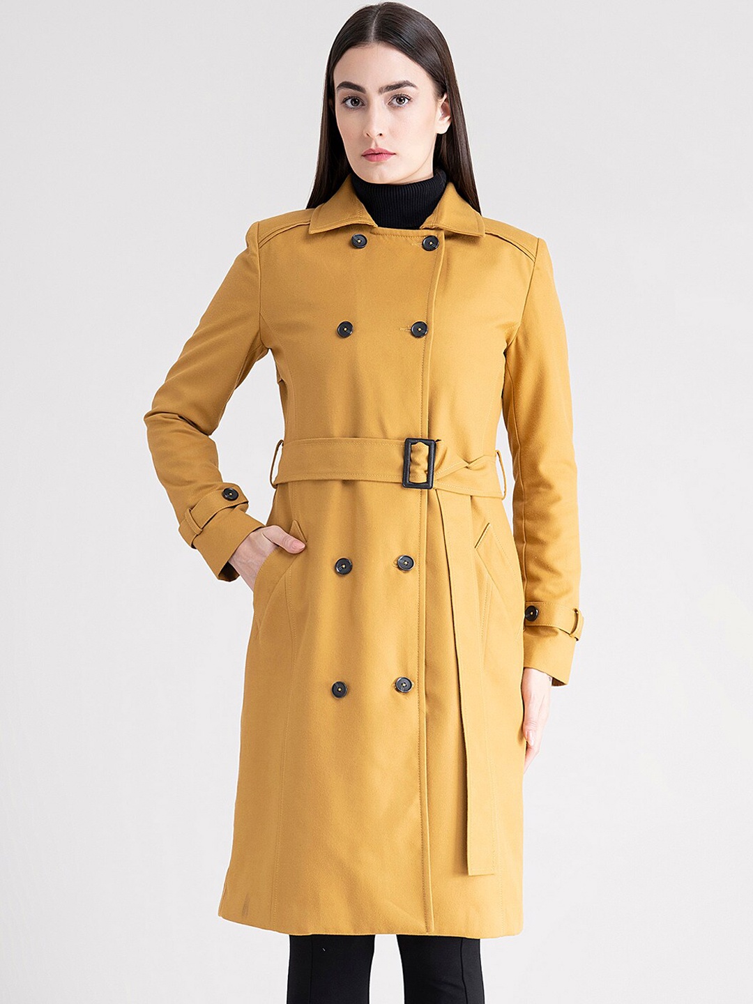 

FableStreet Women Mustard-Yellow Solid Slim-Fit Longline Trench Coat