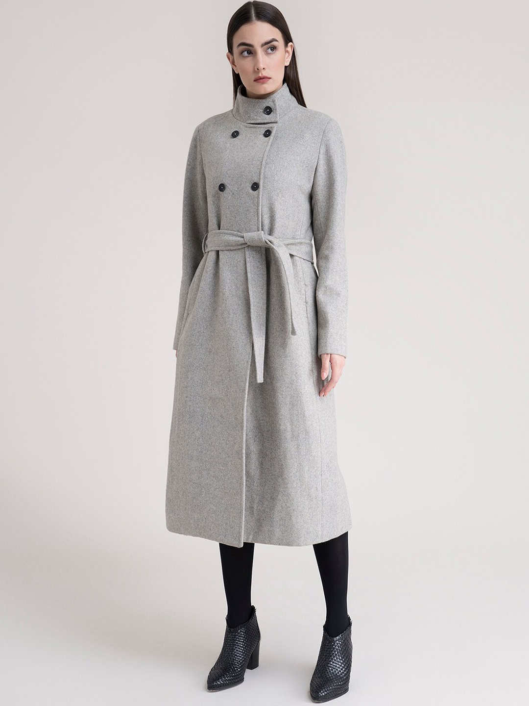 

FableStreet Women Grey Solid Slim-Fit Double-Breasted Longline Overcoat