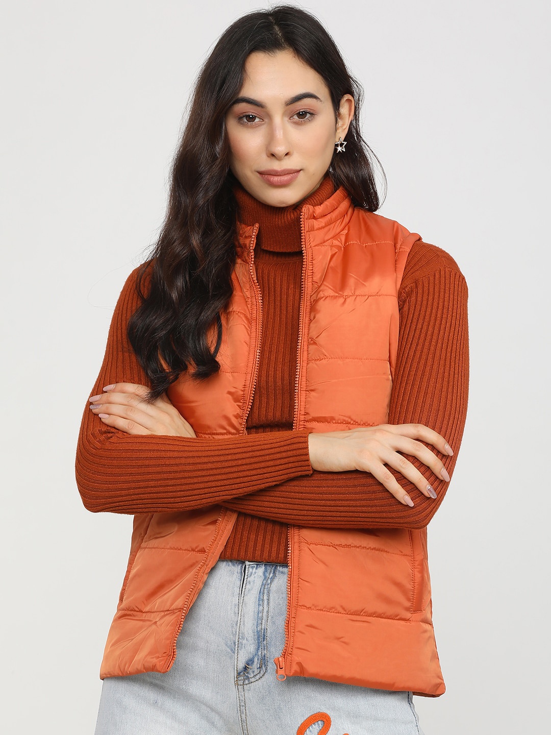 

Tokyo Talkies Women Orange Striped Puffer Jacket