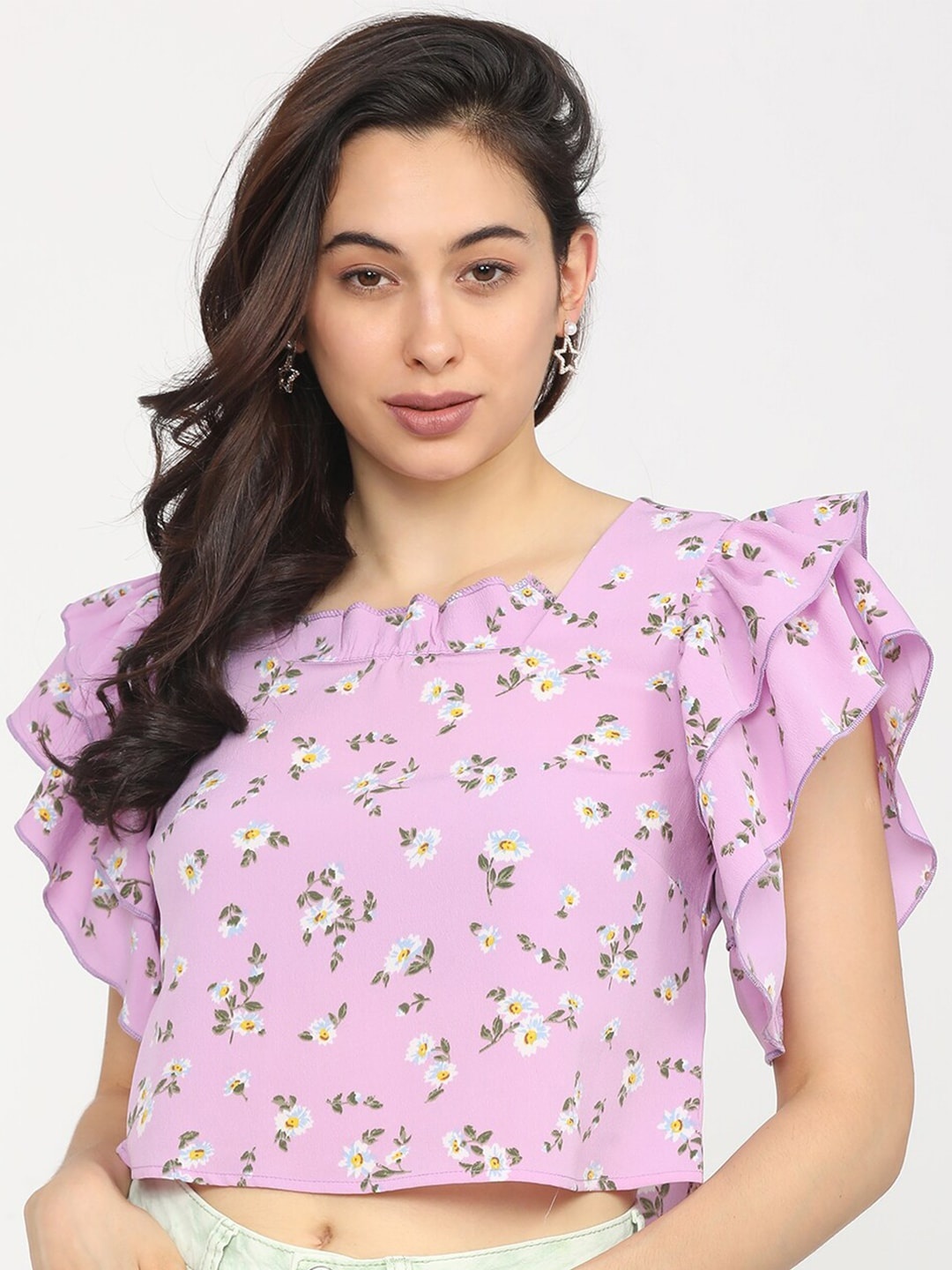 

Tokyo Talkies Purple & White Floral Regular Crop Top