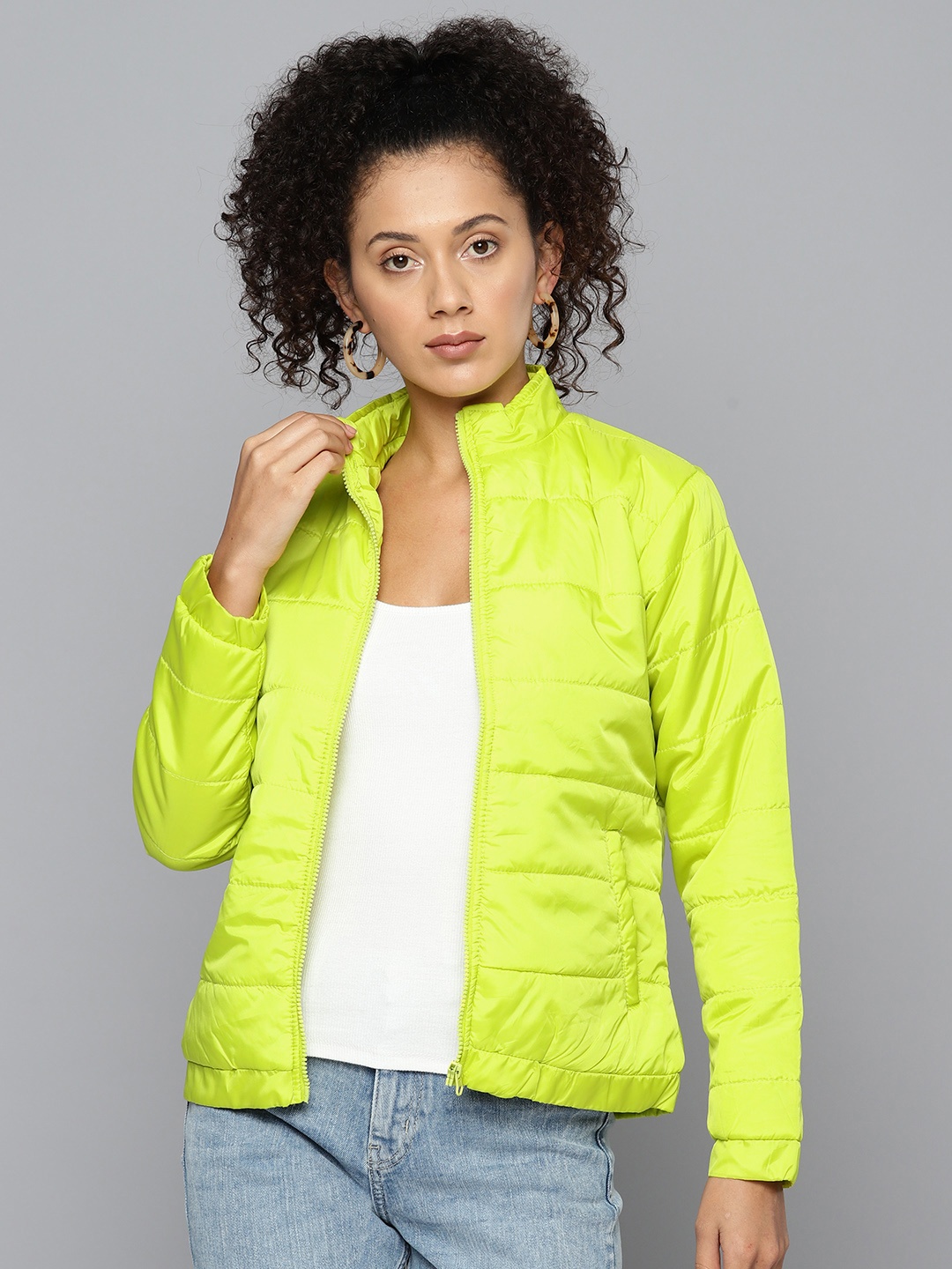 

Tokyo Talkies Women Solid Padded Jacket, Fluorescent green