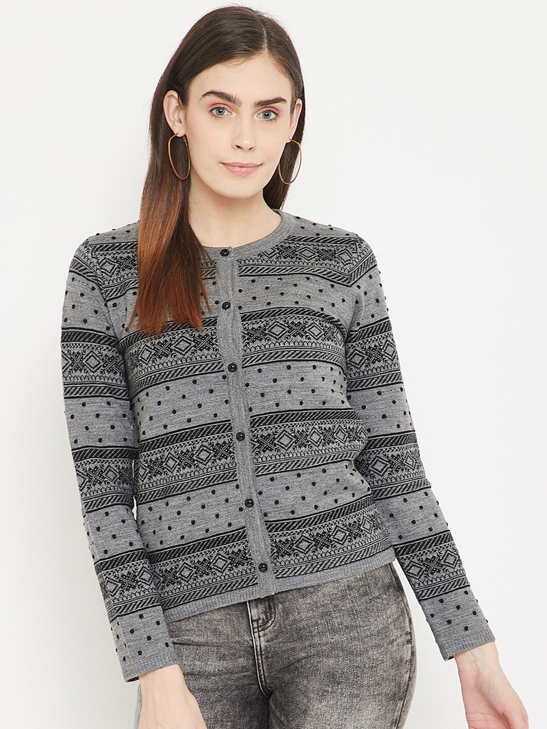 

Madame Women Grey & Black Wool Cardigan