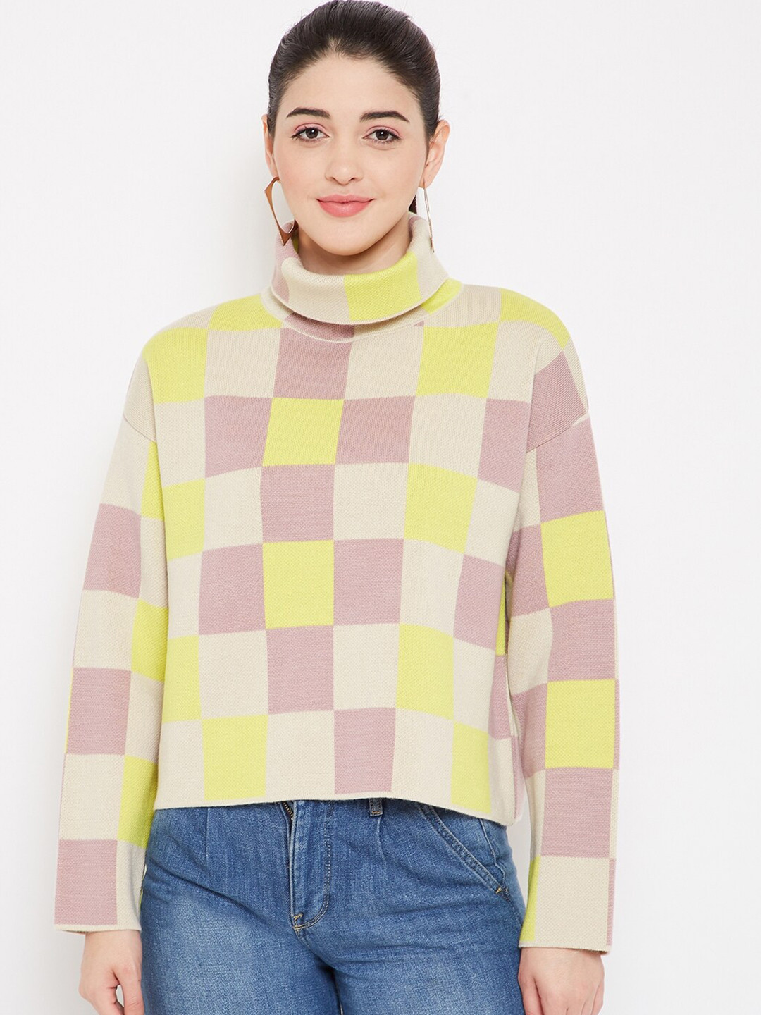 

Madame Women Mauve & Yellow Checked Turtle Neck Pullover Wool Sweater