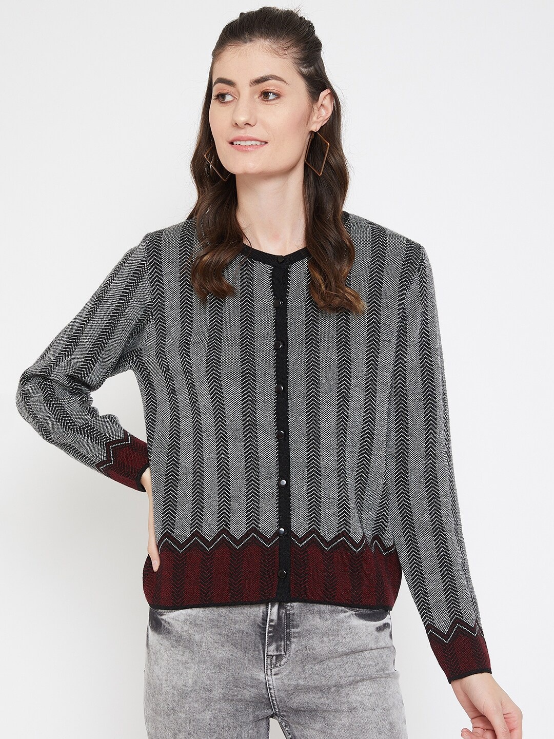 

Madame Women Black & Red Striped Woolen Cardigan