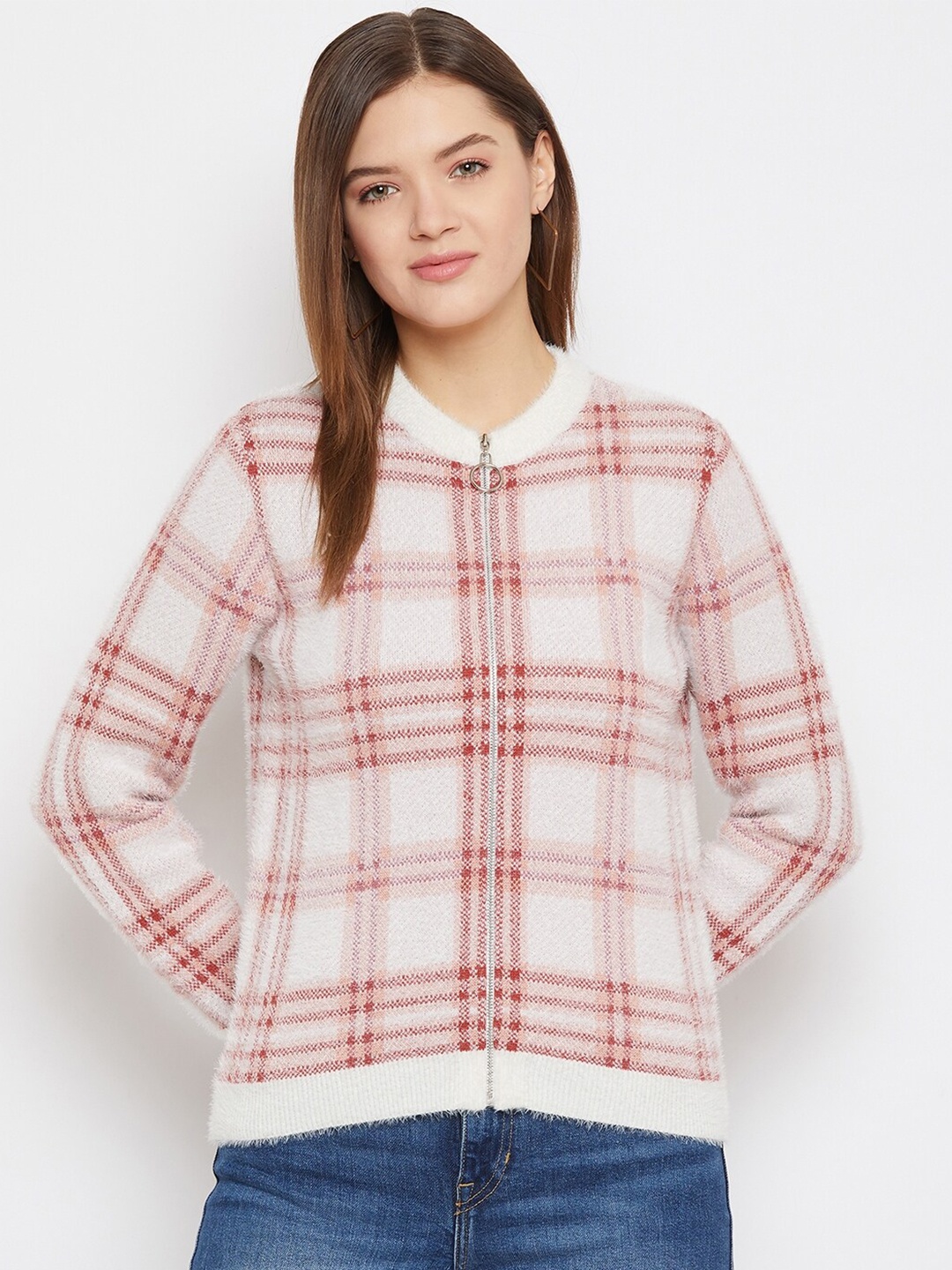 

Madame Women Off White & Red Checked Wool Front-Open with Zip Detail