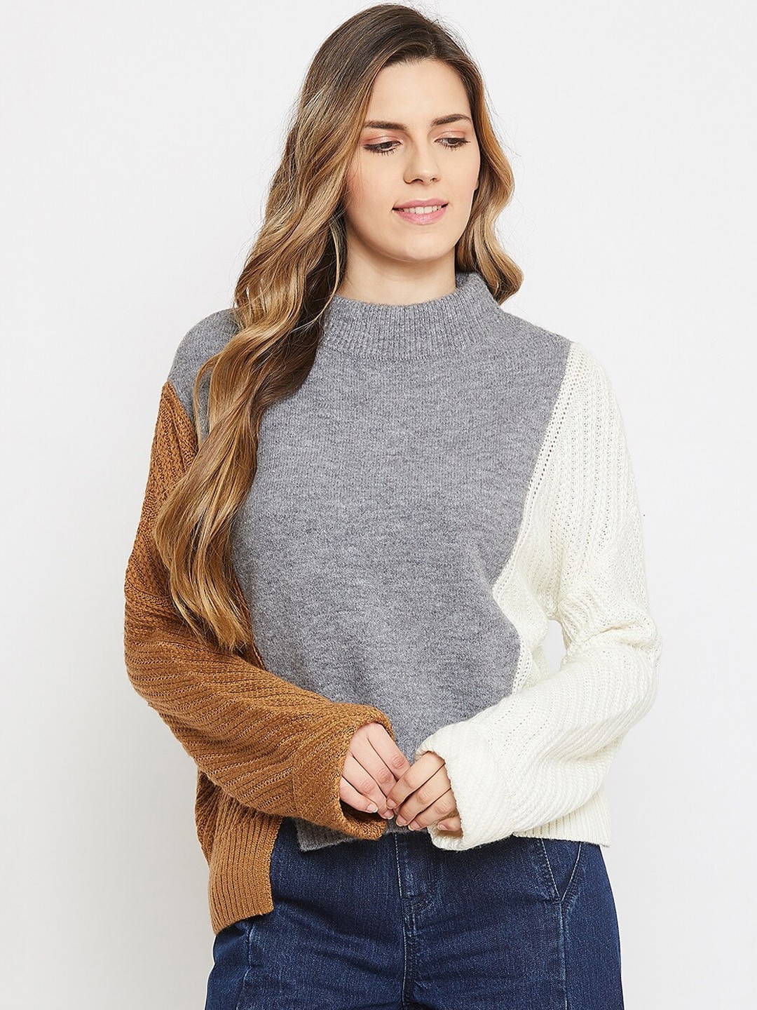 

Madame Women Grey & Off White Colourblocked Woolen Pullover Sweater