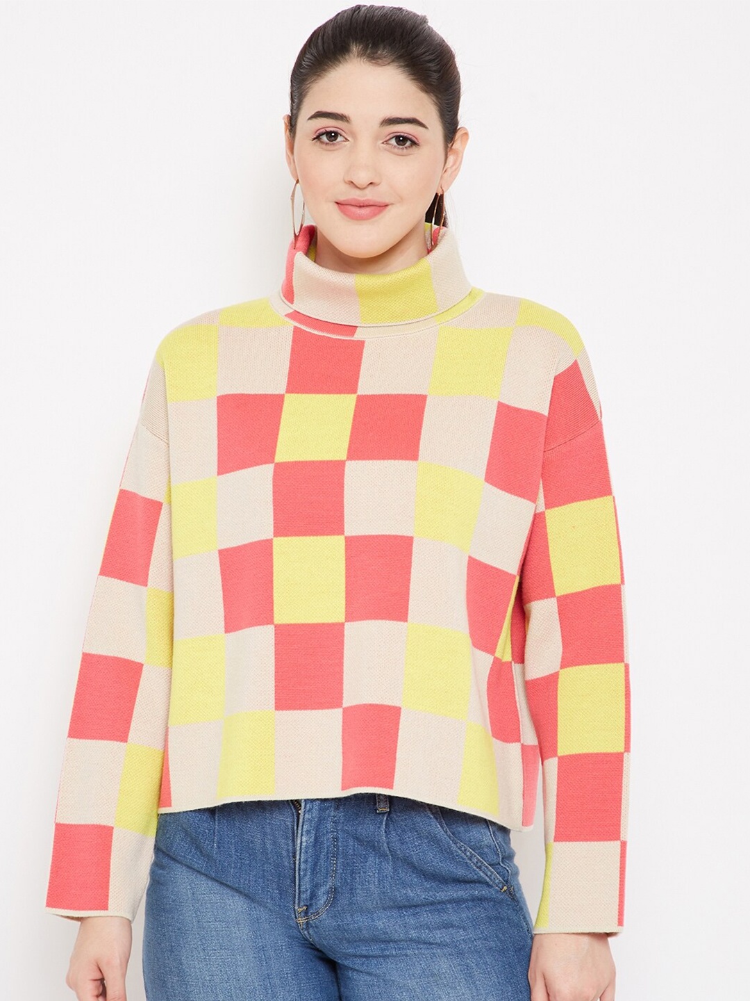 

Madame Women Coral & Yellow Checked Turtle Neck Pullover Wool Sweater