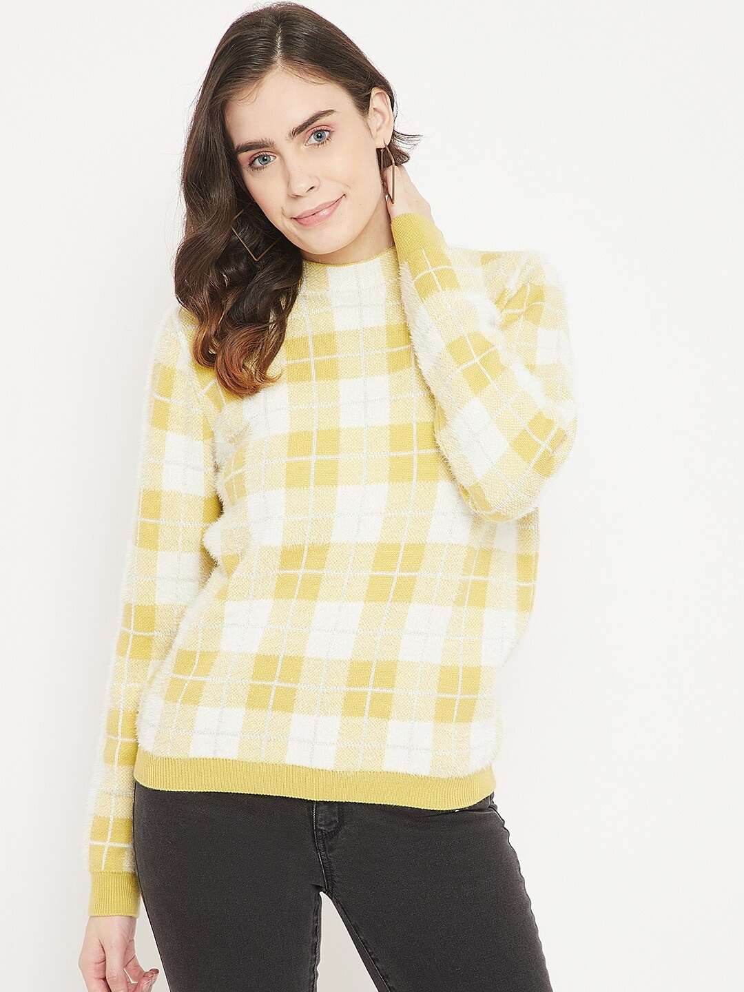 

Madame Women Yellow & White Checked Pullover